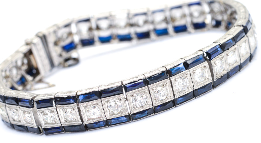 Art Deco Platinum 3.00 CTW Diamond and Synthetic Sapphire Bracelet
