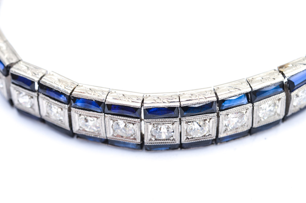 Art Deco Platinum 3.00 CTW Diamond and Synthetic Sapphire Bracelet