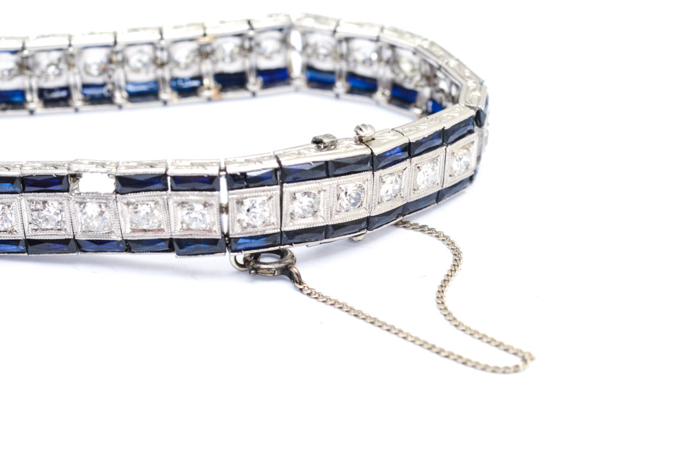 Art Deco Platinum 3.00 CTW Diamond and Synthetic Sapphire Bracelet