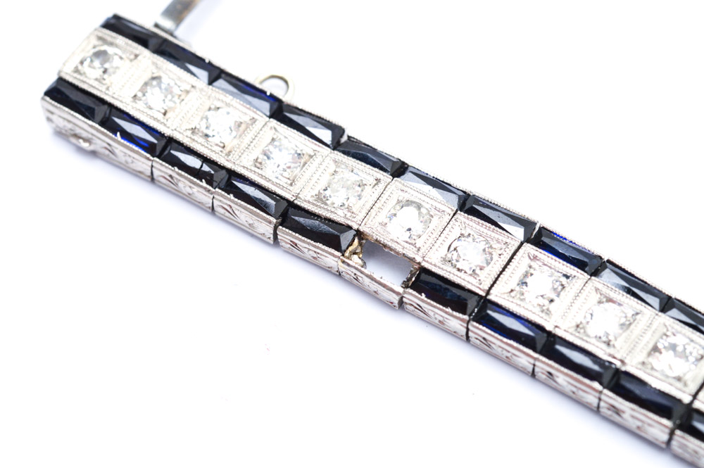 Art Deco Platinum 3.00 CTW Diamond and Synthetic Sapphire Bracelet