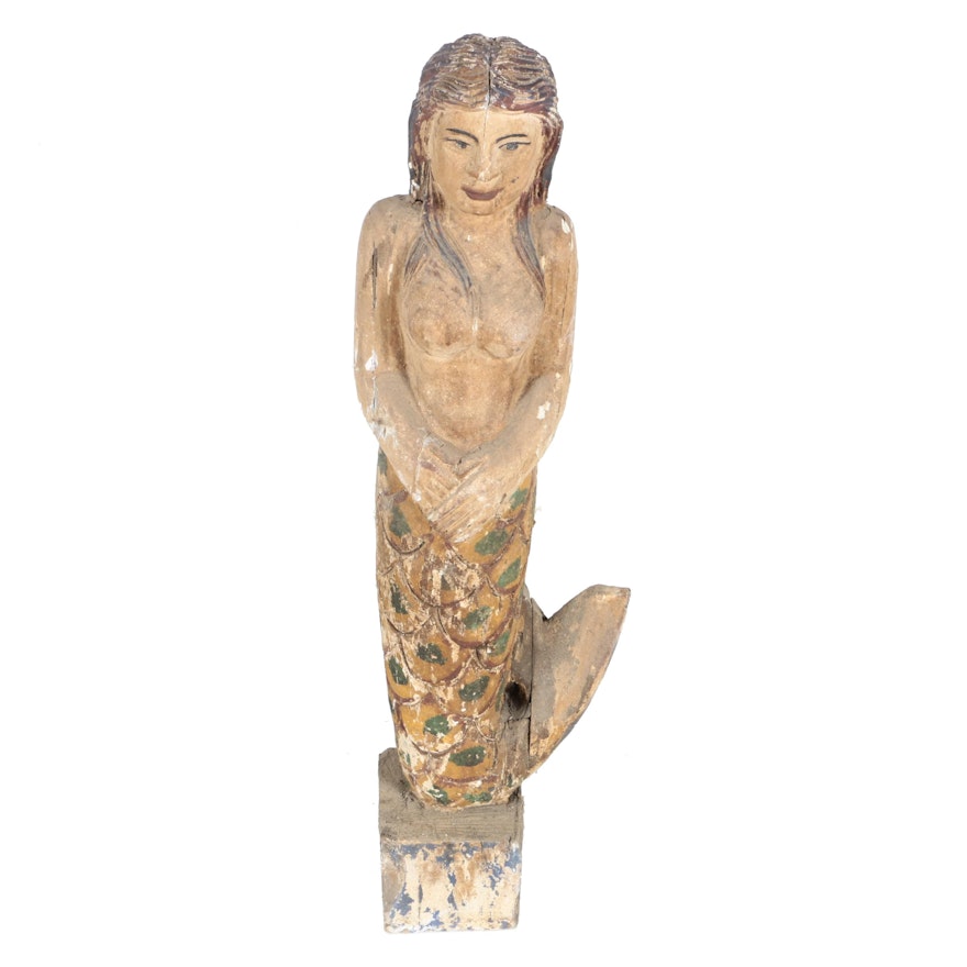 Folk Art Carved Polychrome Mermaid