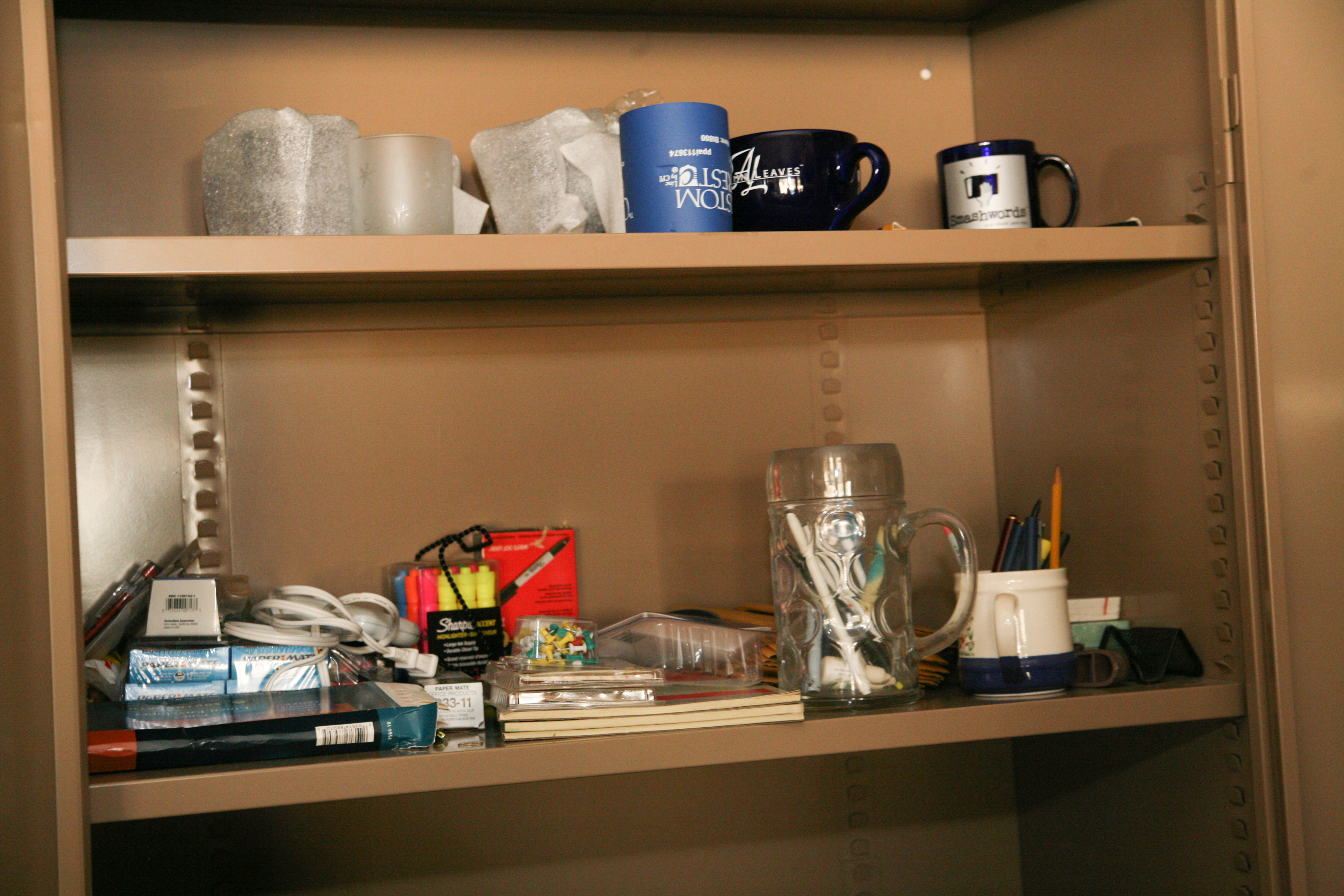 Metal Storage Cabinet and Office Supplies