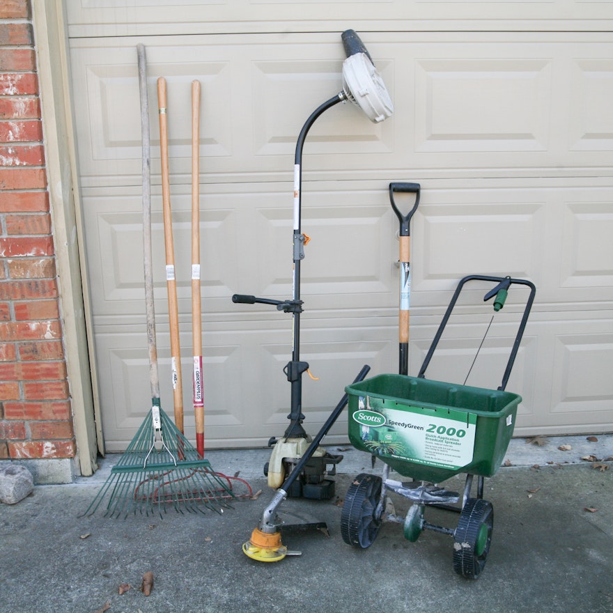 Landscaping Tools Including Trimmer, Rakes and Broadcast Spreader