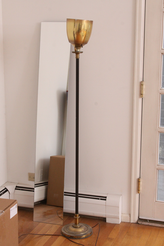 Vintage Brass Torchiere Scroll Motif Floor Lamp
