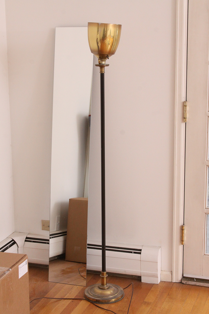 Vintage Brass Torchiere Scroll Motif Floor Lamp