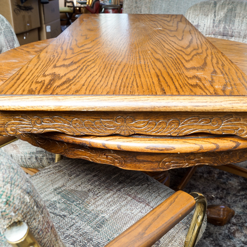 Vintage Oak Dining Table with Rolling Armchairs