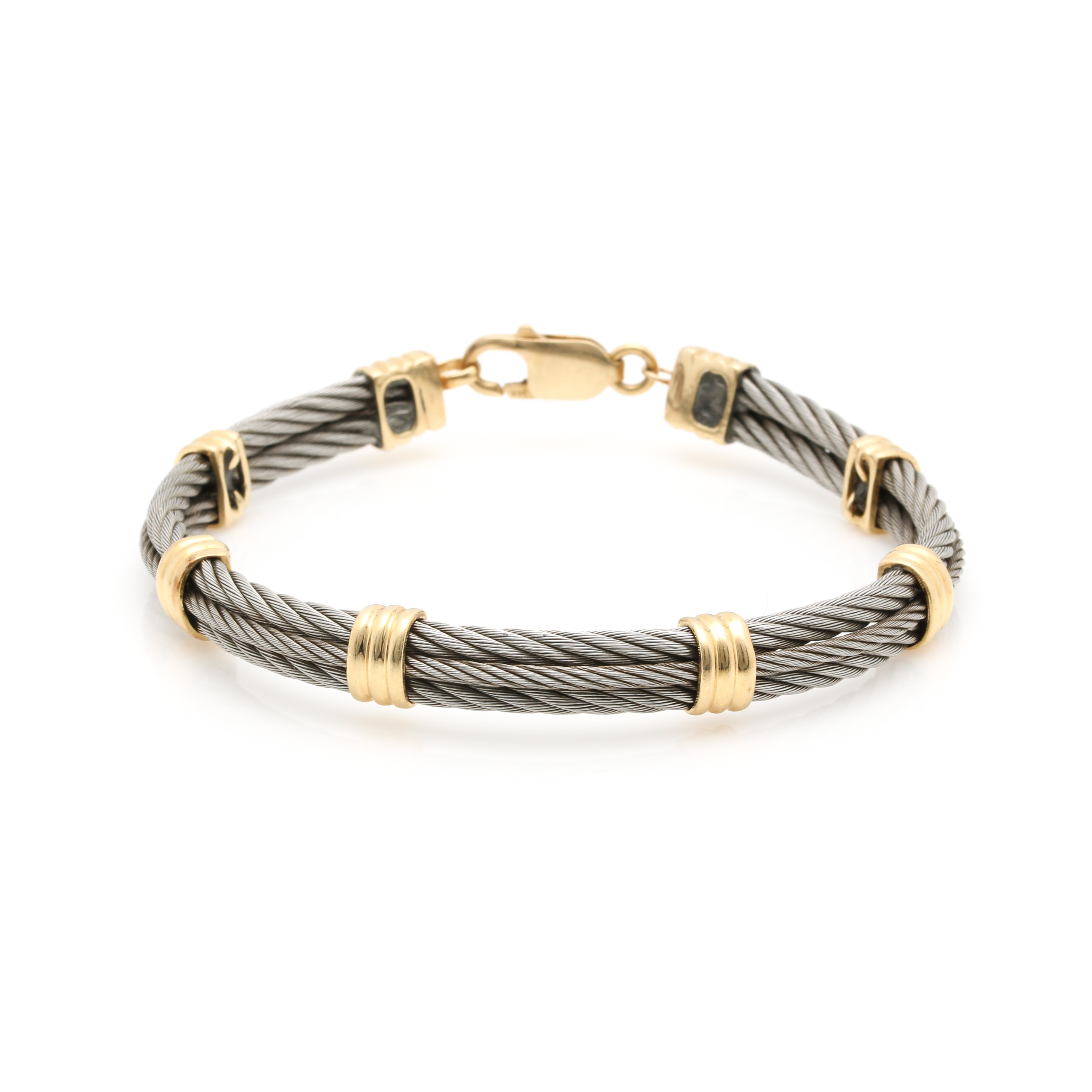 Stainless Steel Cable Bracelet with 14K Yellow Gold Acents
