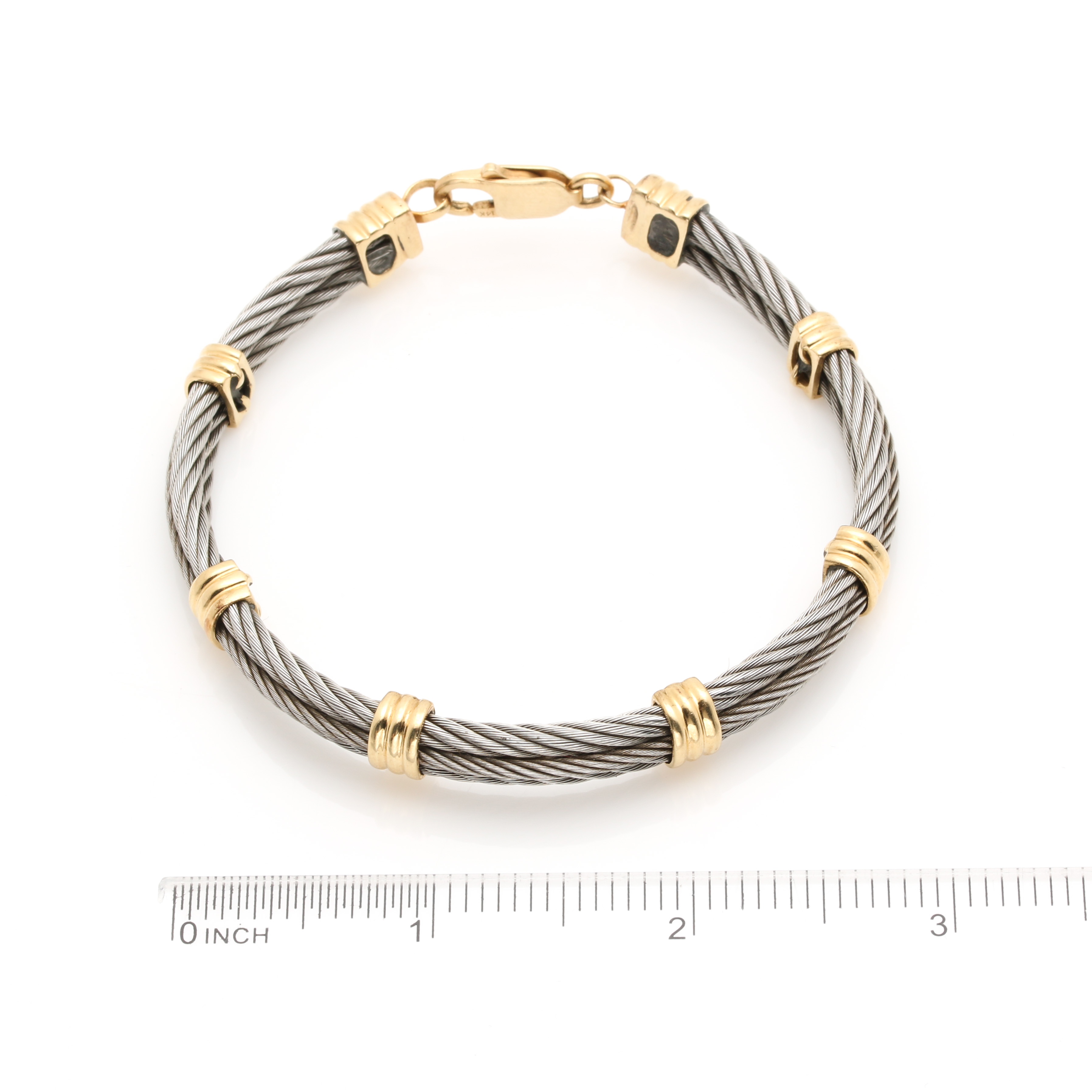 Stainless Steel Cable Bracelet with 14K Yellow Gold Acents
