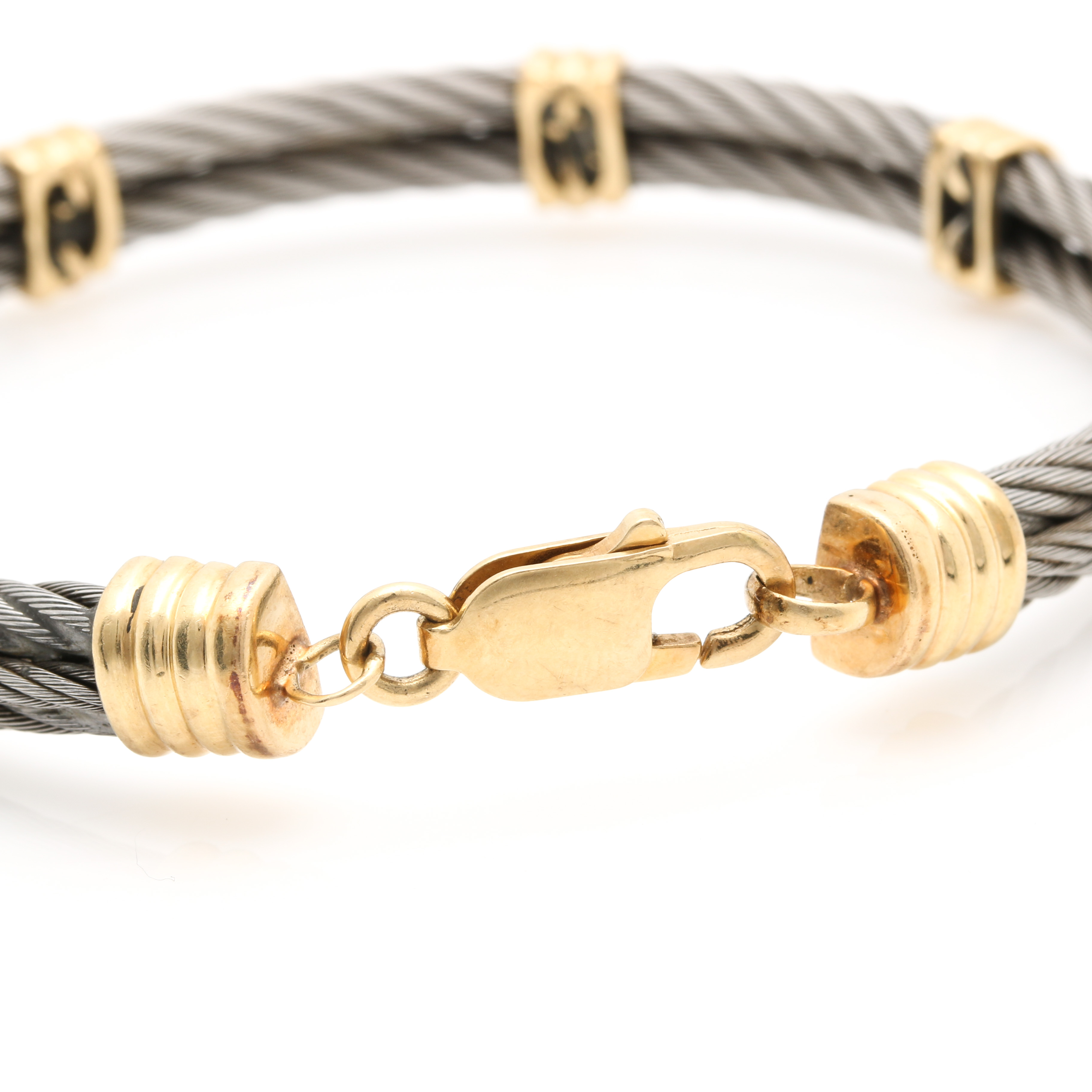 Stainless Steel Cable Bracelet with 14K Yellow Gold Acents