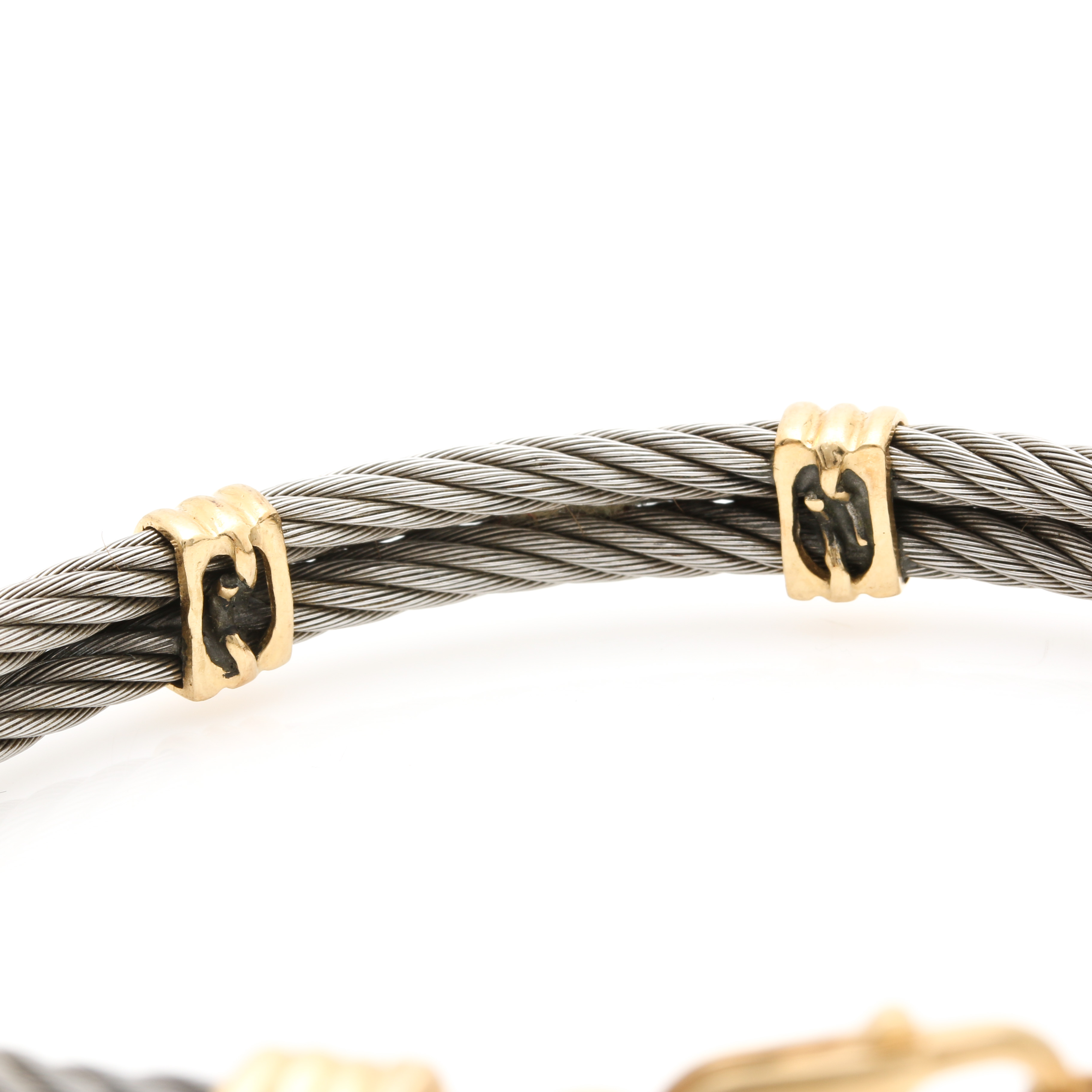 Stainless Steel Cable Bracelet with 14K Yellow Gold Acents