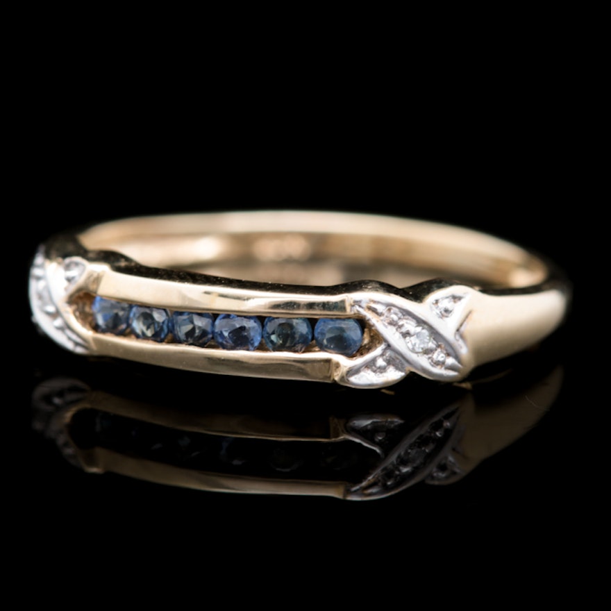 10K Yellow Gold, Blue Sapphire and Diamond Ring