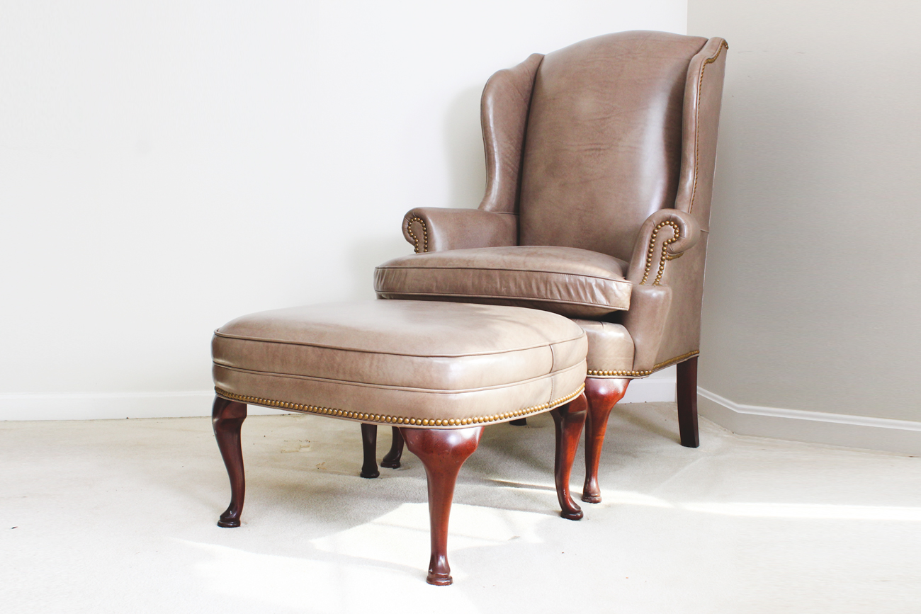 Genuine Leather Wing-Back Chair with Ottoman by Thomasville