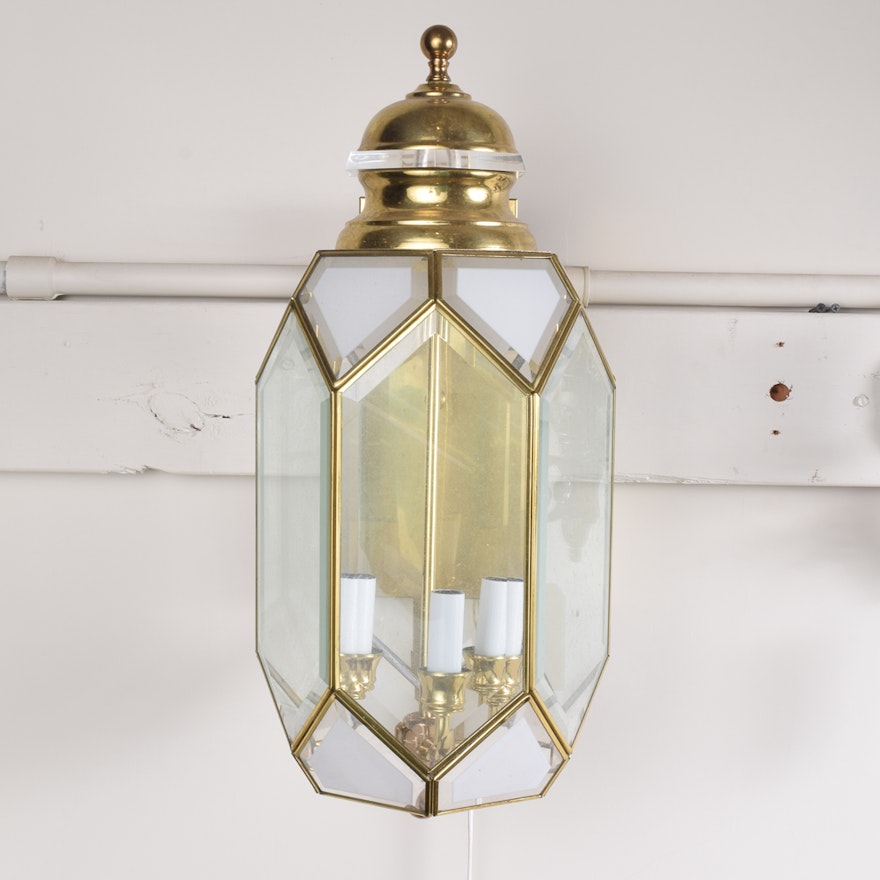 Brass Wall Light with Paneled Glass Lampshade
