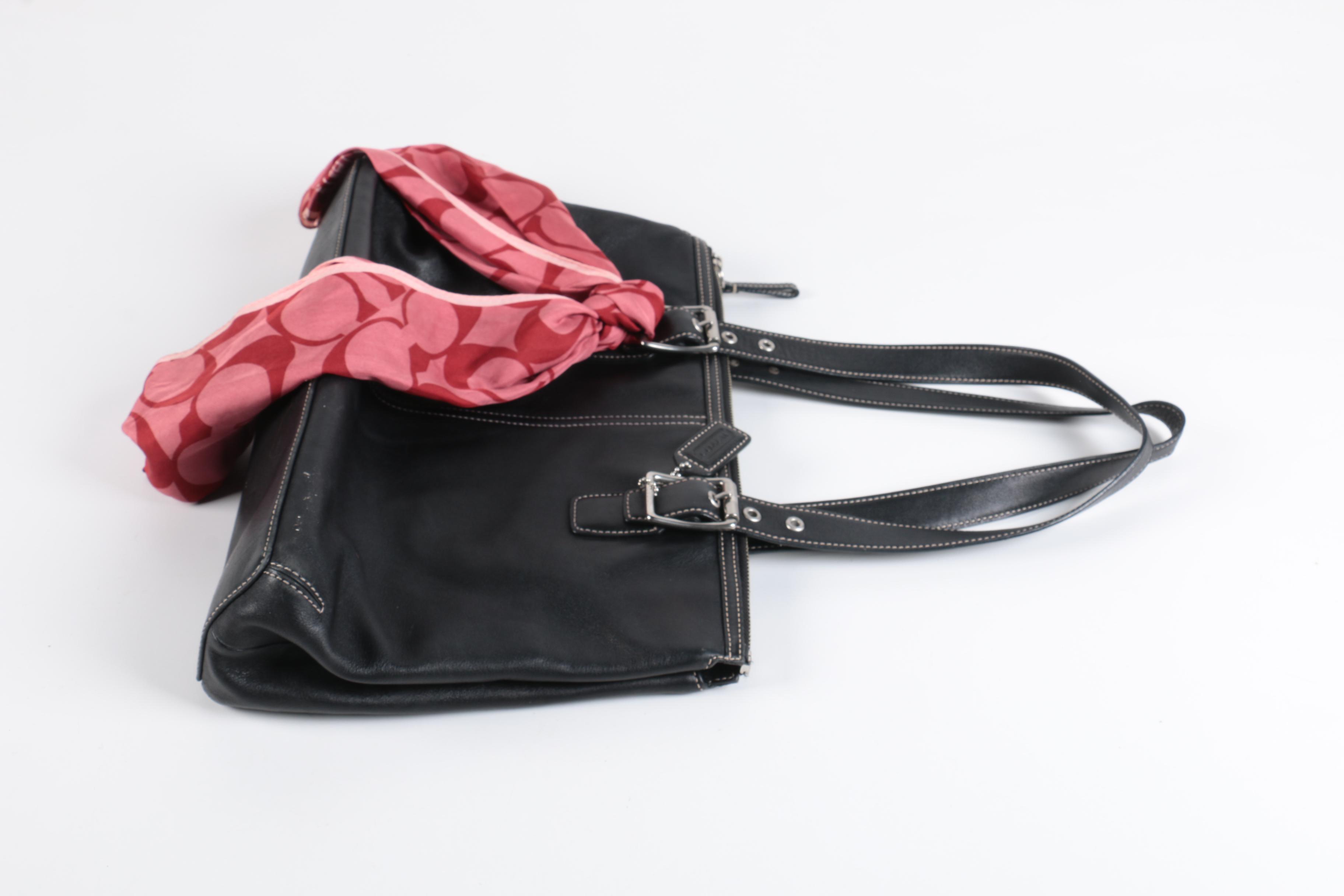 Coach Hampton Black Leather Shopper Tote with Signature Scarf