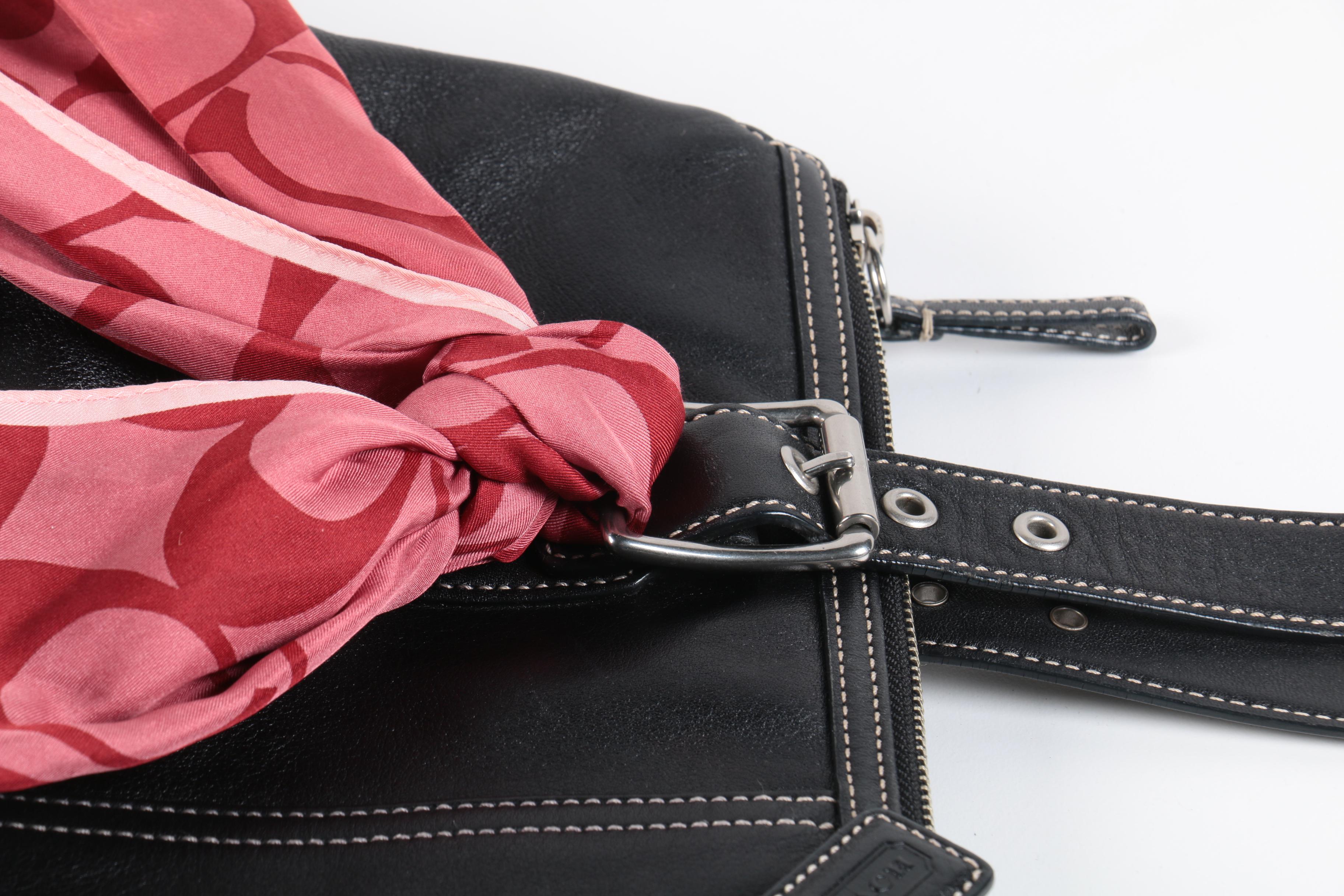 Coach Hampton Black Leather Shopper Tote with Signature Scarf