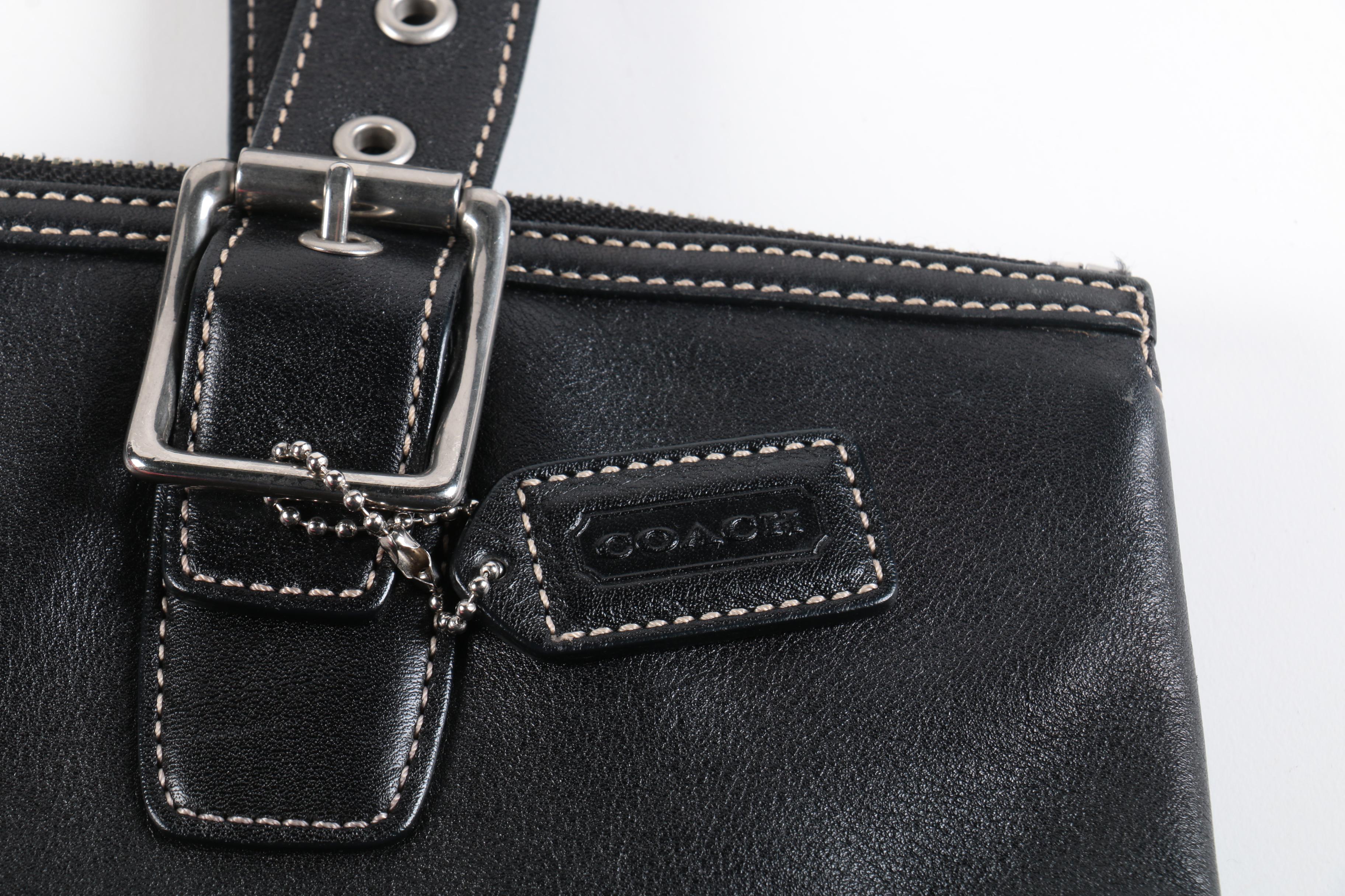 Coach Hampton Black Leather Shopper Tote with Signature Scarf