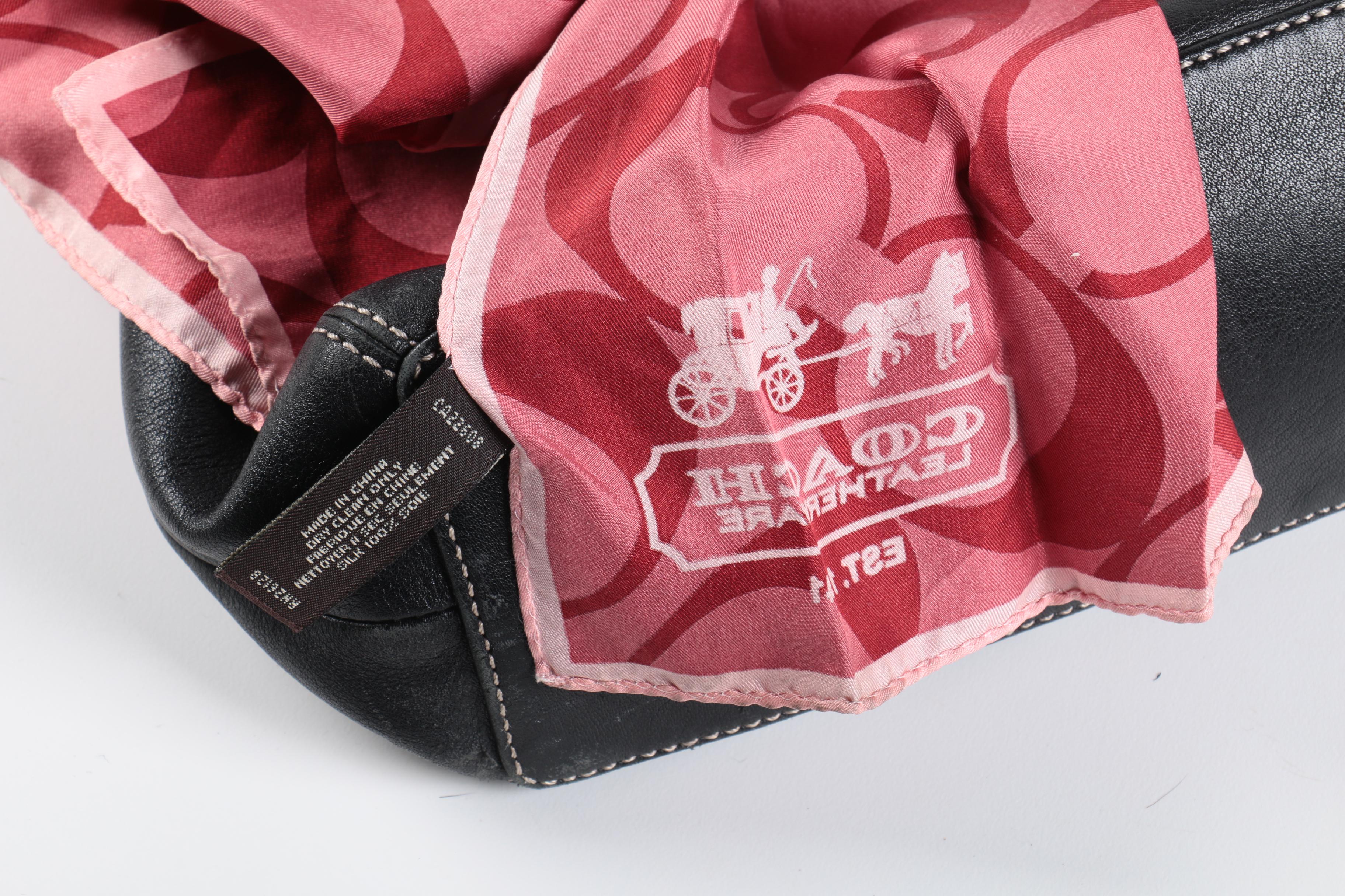 Coach Hampton Black Leather Shopper Tote with Signature Scarf