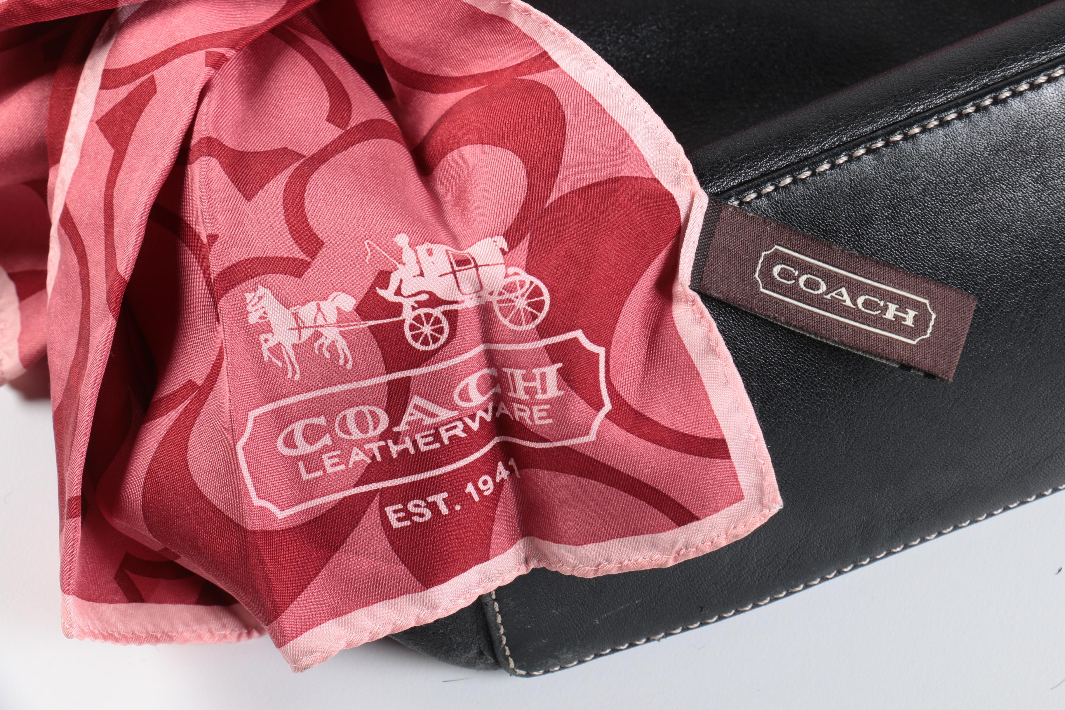 Coach Hampton Black Leather Shopper Tote with Signature Scarf