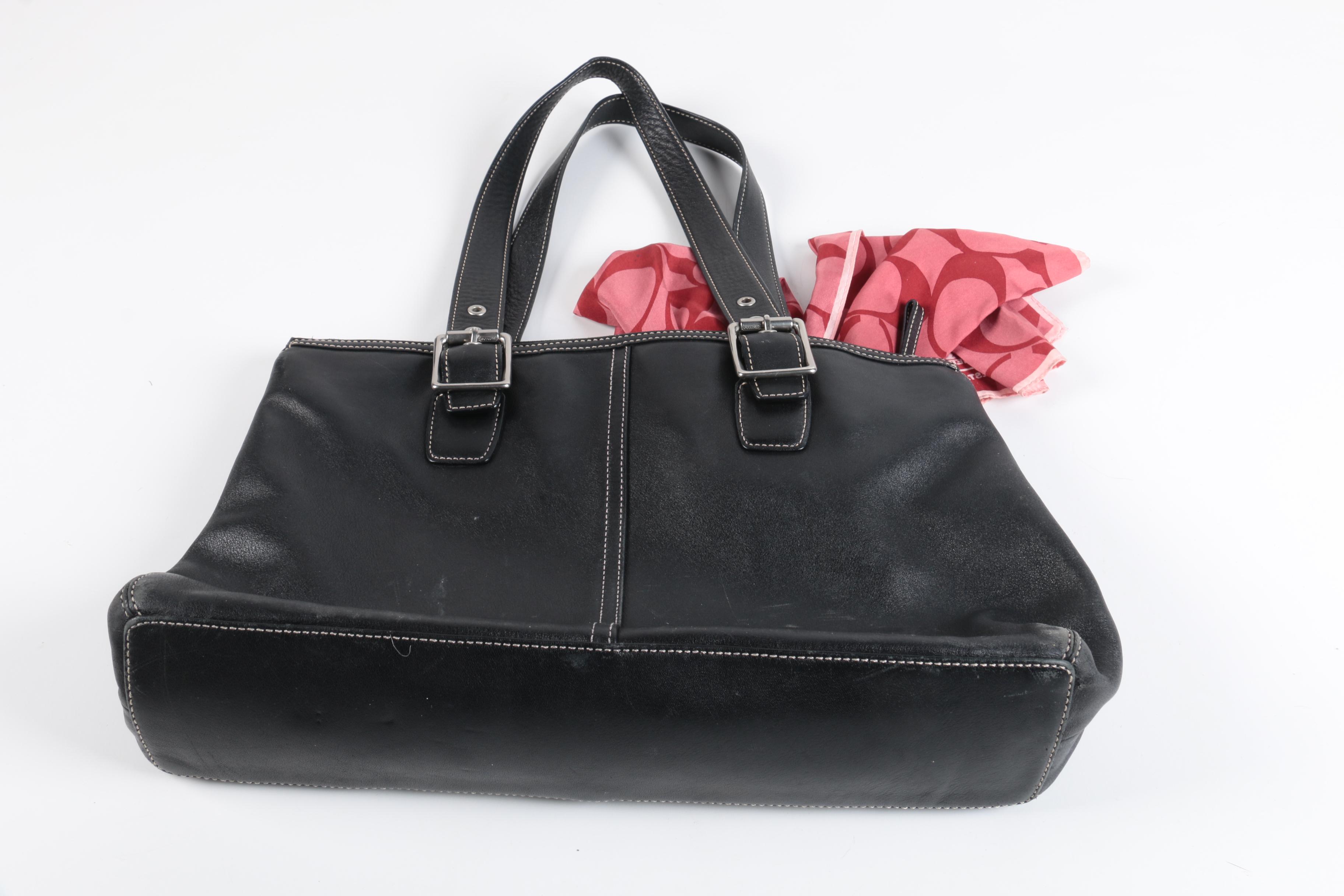 Coach Hampton Black Leather Shopper Tote with Signature Scarf