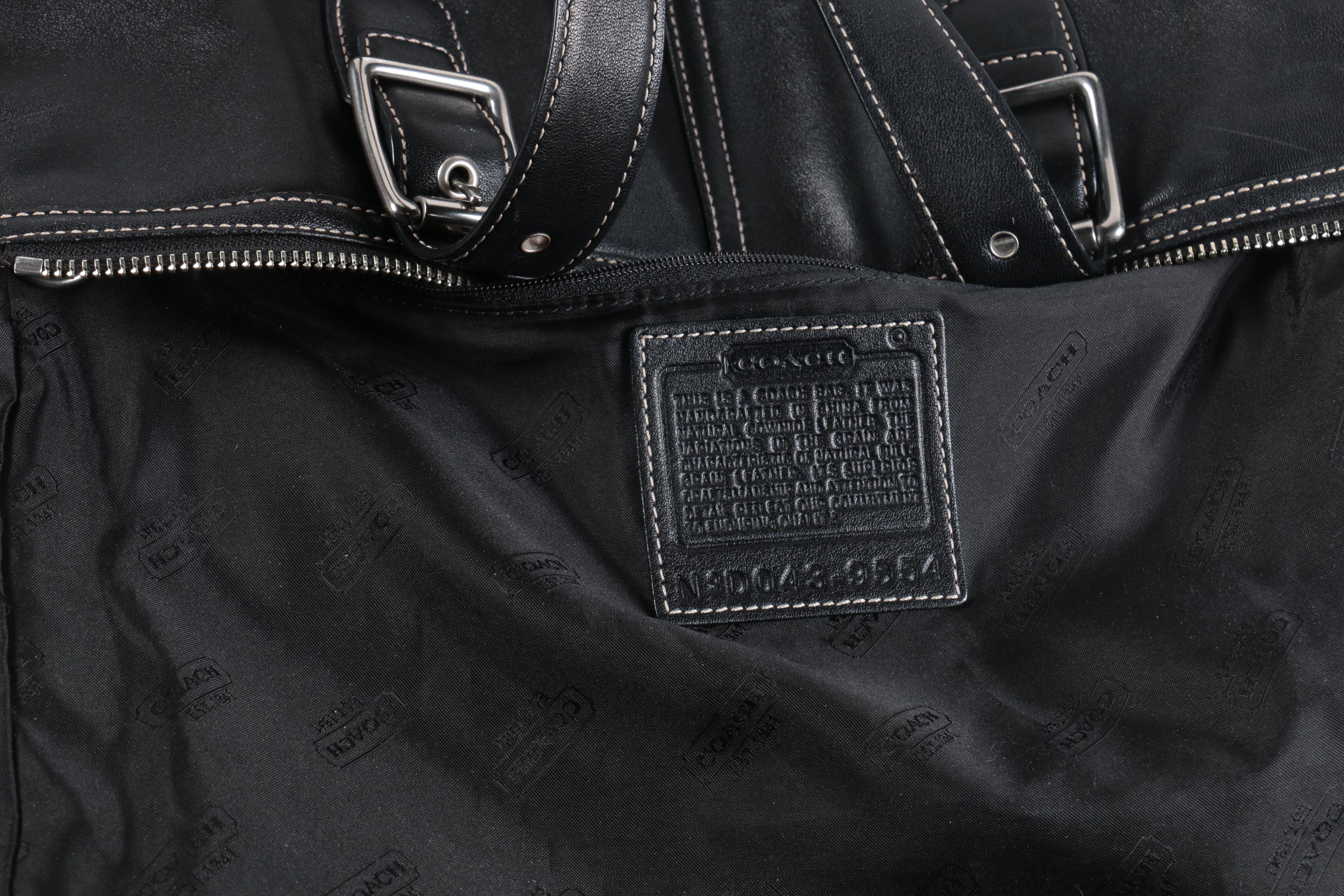 Coach Hampton Black Leather Shopper Tote with Signature Scarf