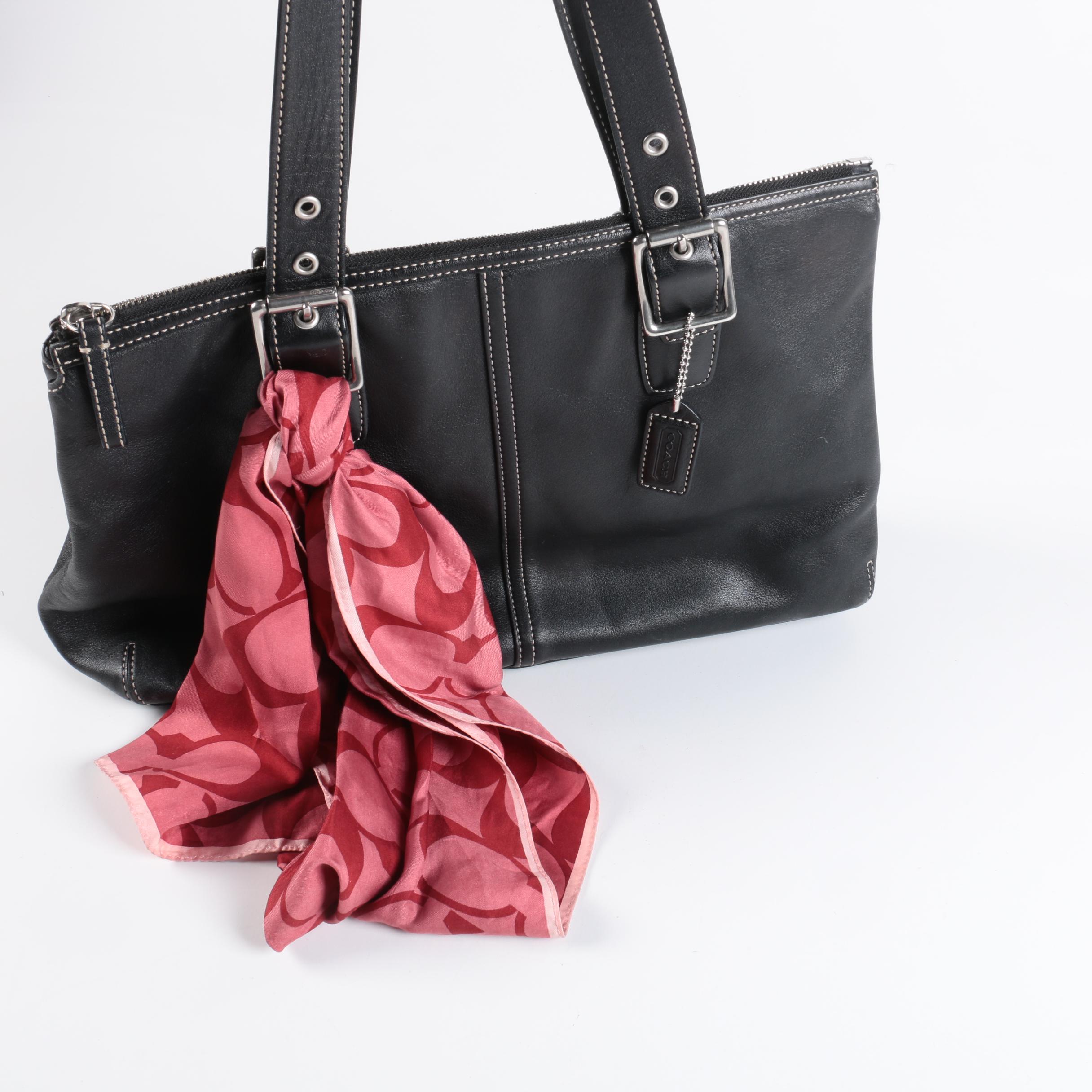 Coach Hampton Black Leather Shopper Tote with Signature Scarf