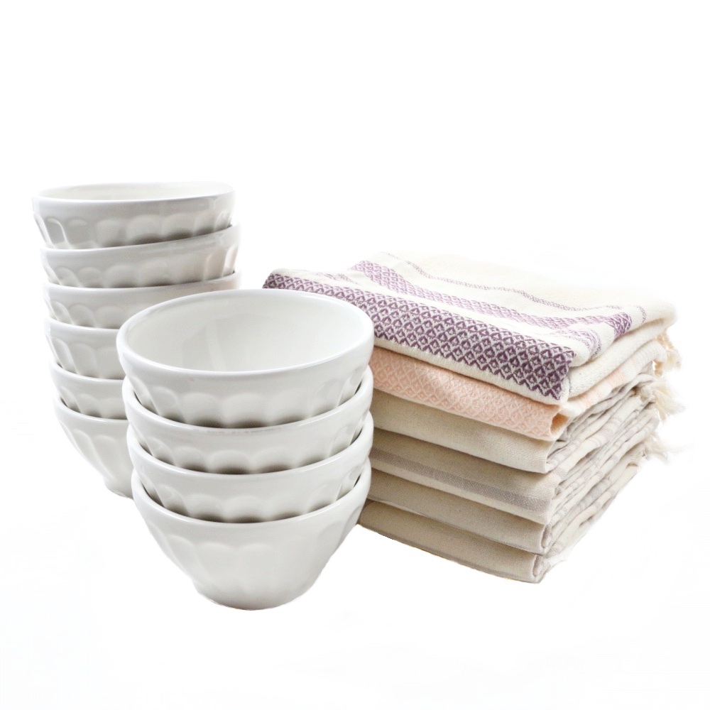 Ten "Biscuit" Latte Bowls from Portugal and Six Linen Table Runners