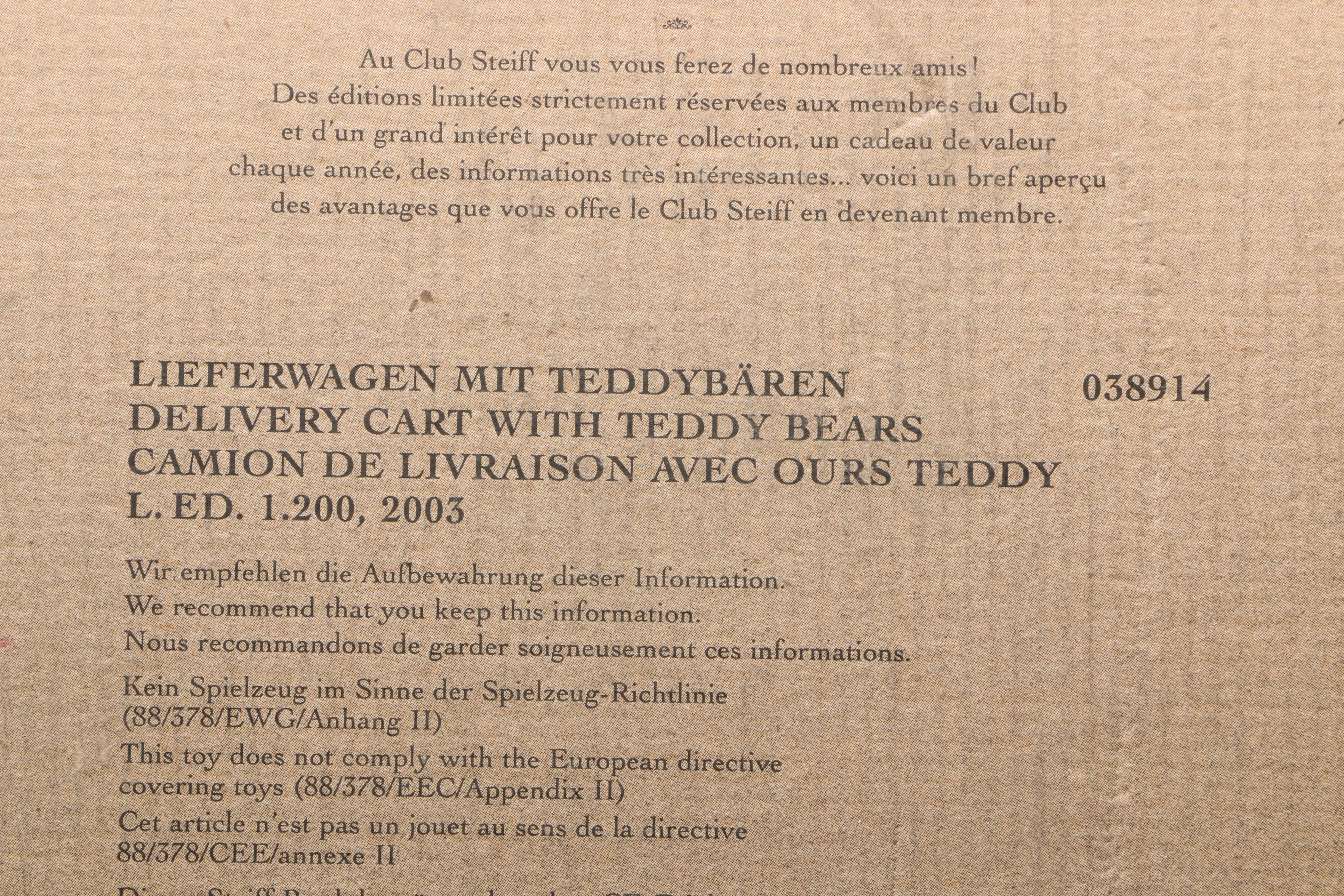 2003 Steiff Limited Edition Delivery Cart with Teddy Bears