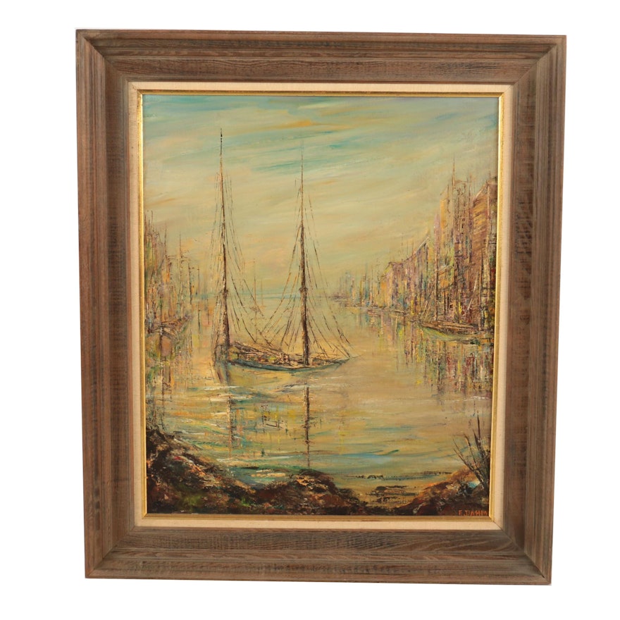 Elaine Dahm Oil Painting on Canvas "Harbor Sunset"