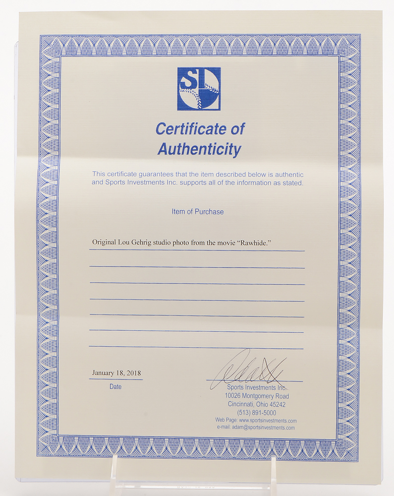 Lou Gehrig 1938 "Rawhide" Movie Still  COA