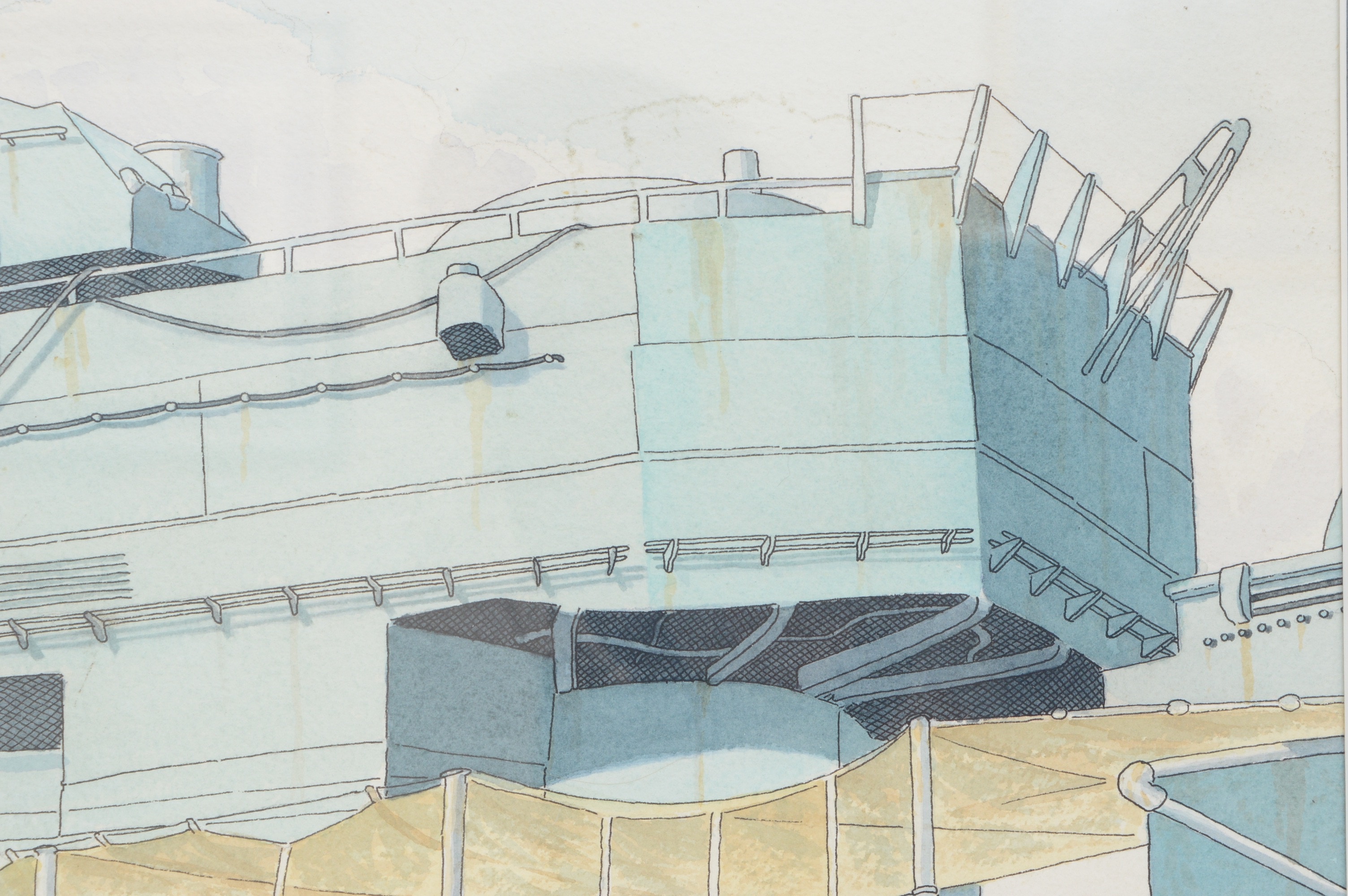 WWII-Era Watercolor of Battleship Carrier