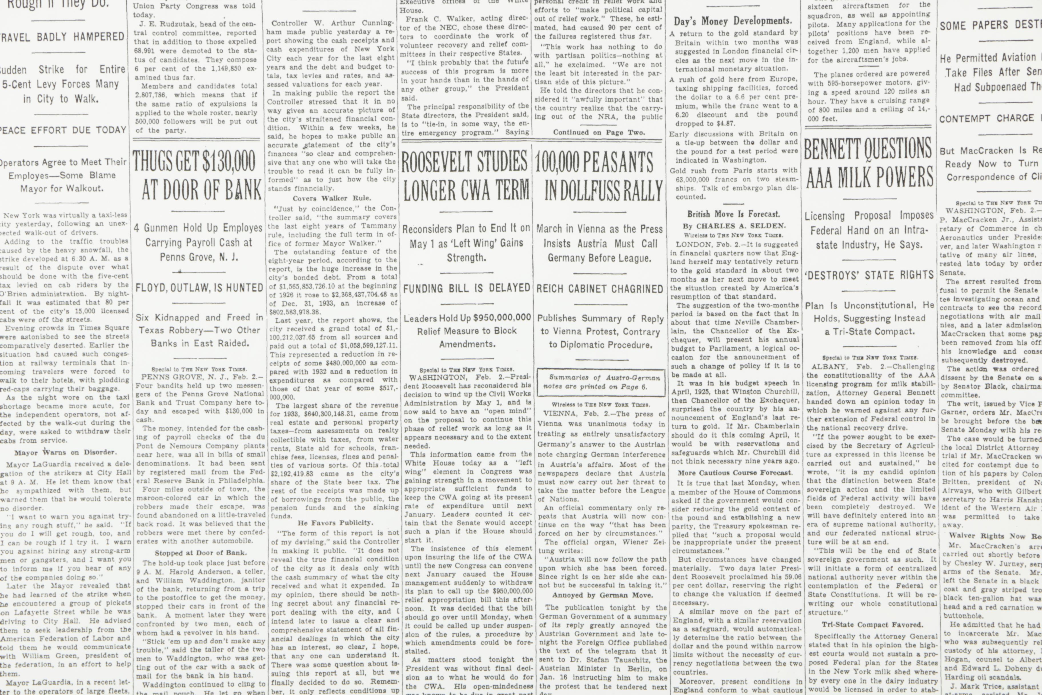 Reproduction Print of "New York Times" Front Page From February 3, 1934