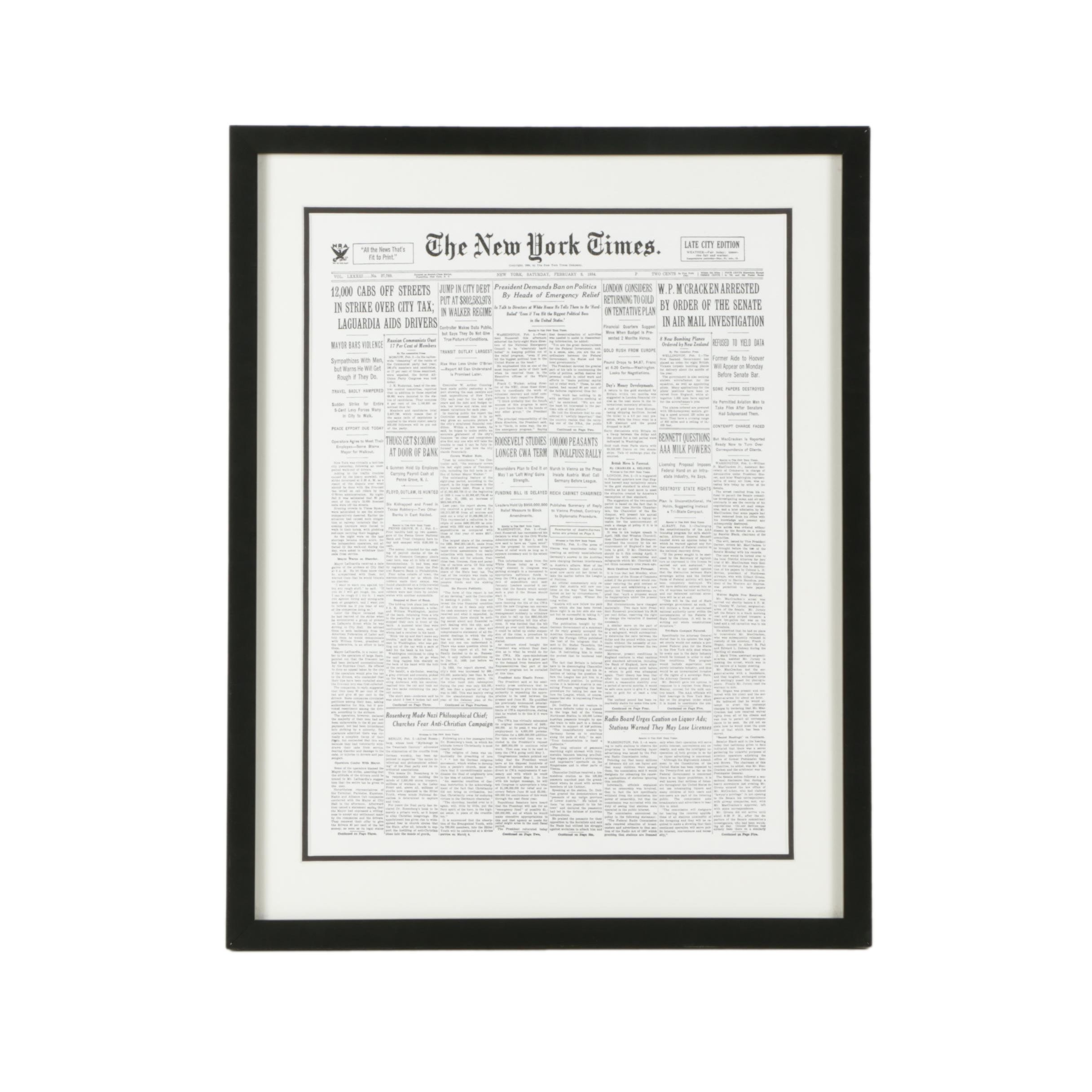 Reproduction Print of "New York Times" Front Page From February 3, 1934