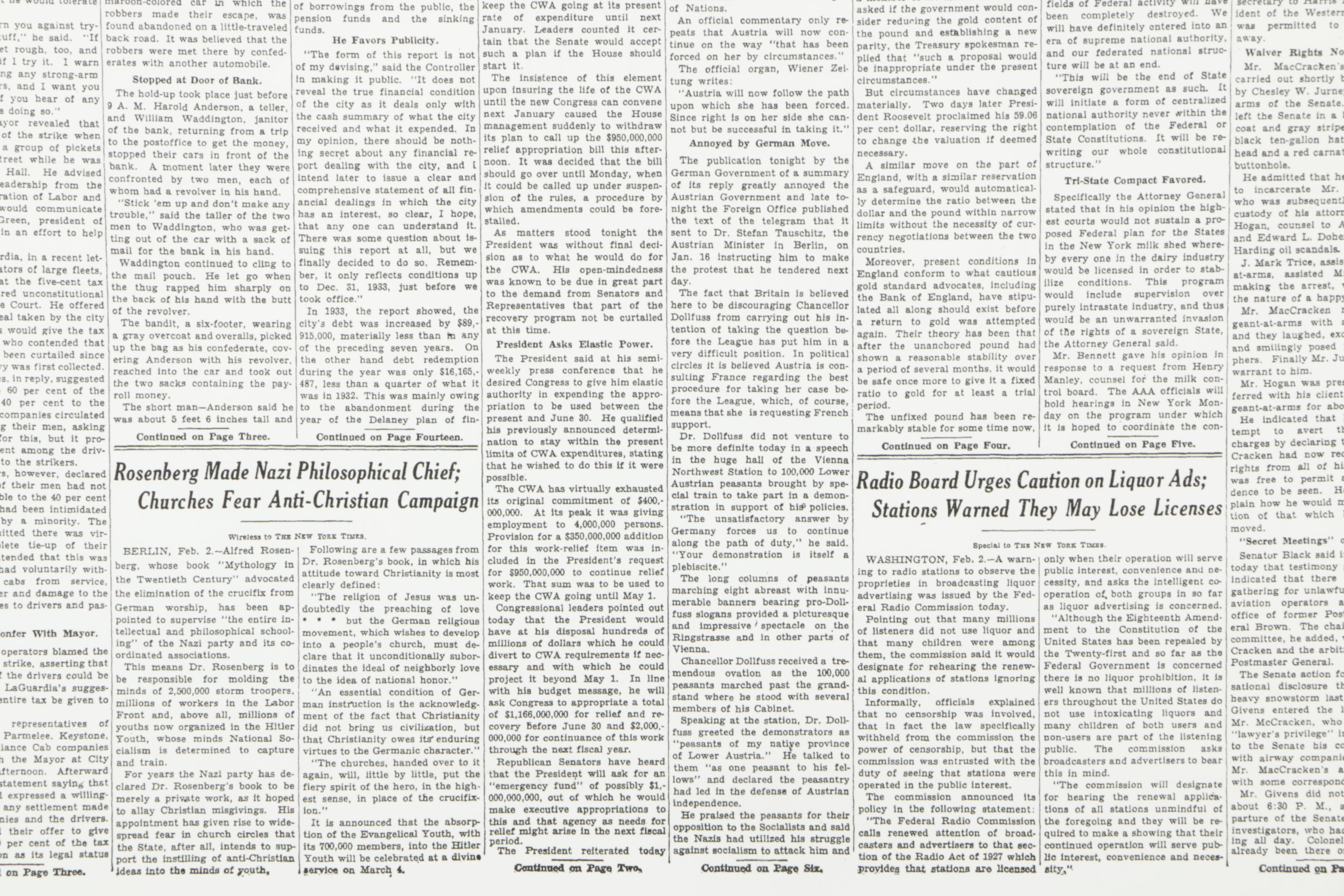 Reproduction Print of "New York Times" Front Page From February 3, 1934
