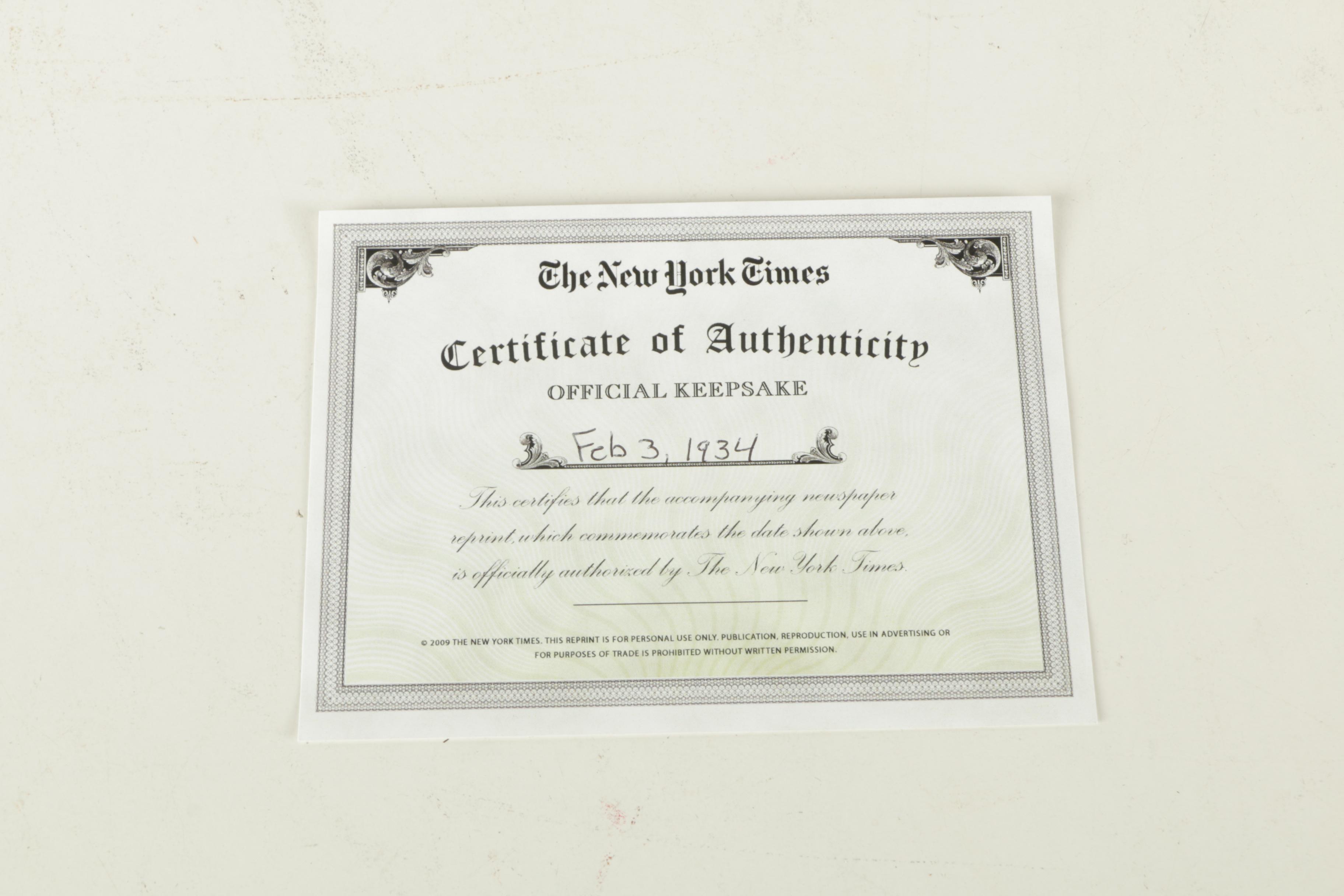 Reproduction Print of "New York Times" Front Page From February 3, 1934