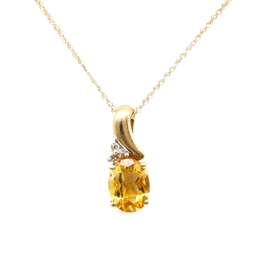 14K Yellow Gold Diamond and Citrine Pendant Necklace