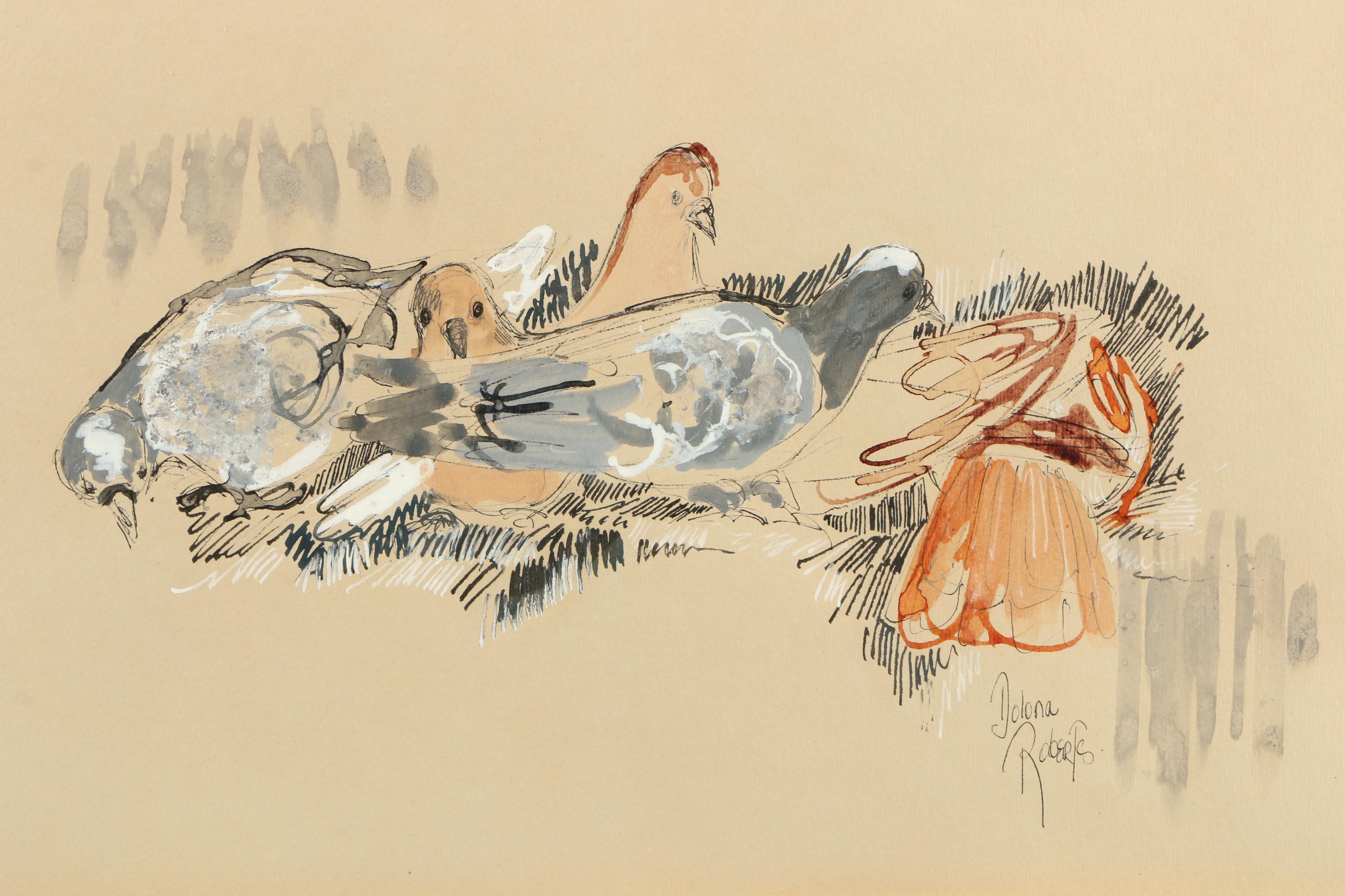 Dolona Roberts Pastel Ink Drawing "Pigeons"