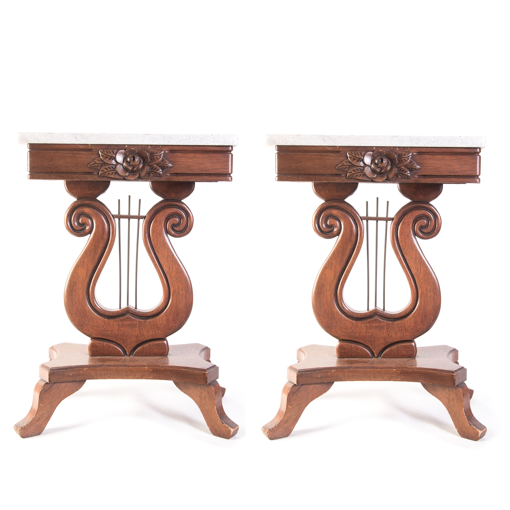 Victorian Style Marble Top Lyre Accent Tables