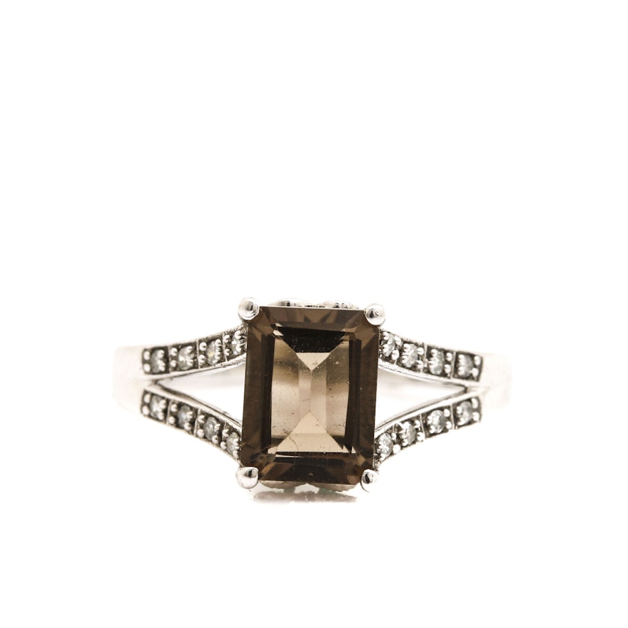 10K White Gold Smoky Quartz, Diamond and Emerald Ring