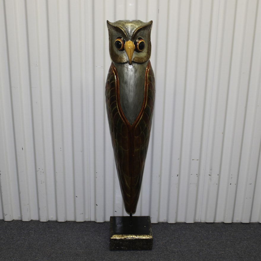 Polychrome Wooden Owl Sculpture