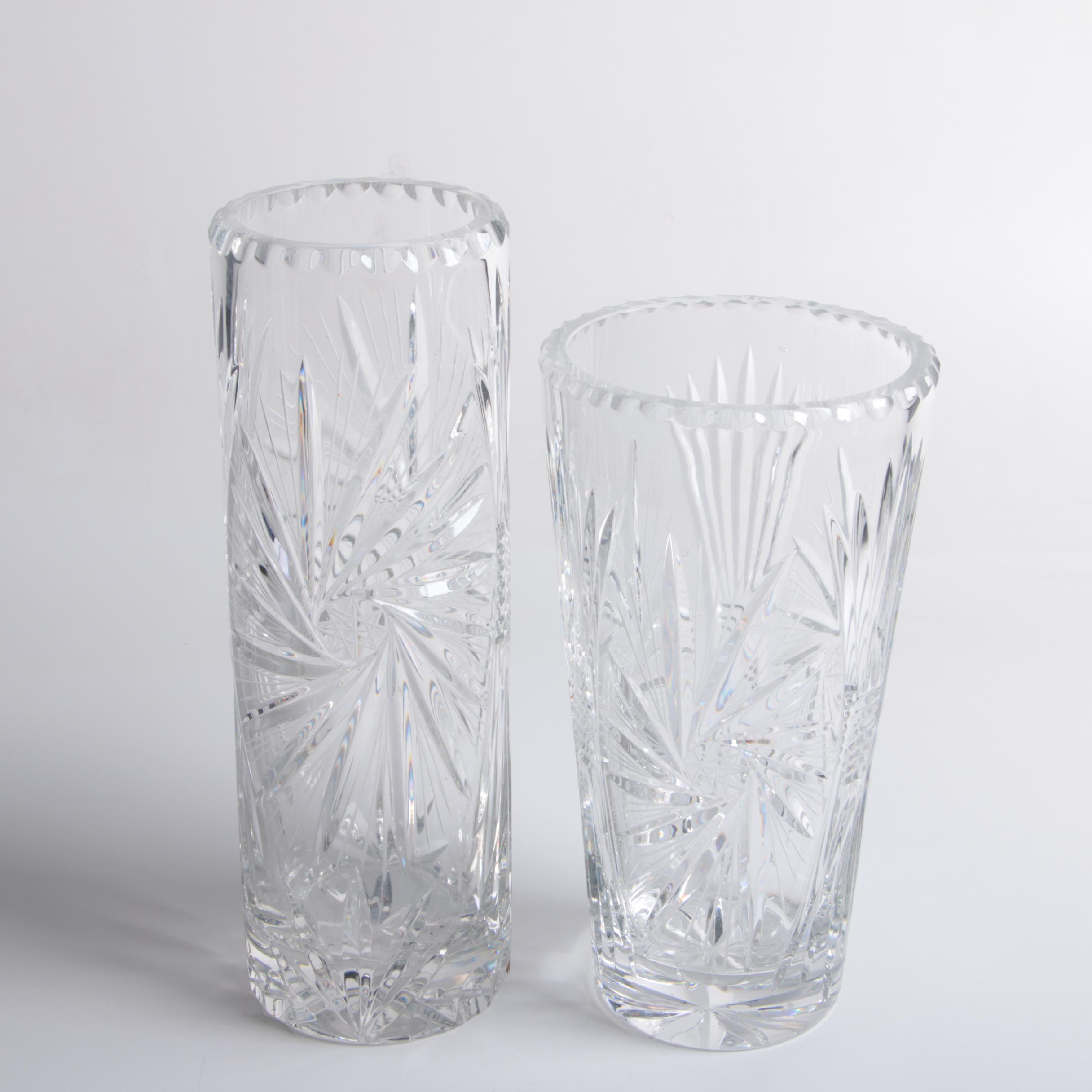 Sunburst and Swirl Hand Cut Crystal Vases