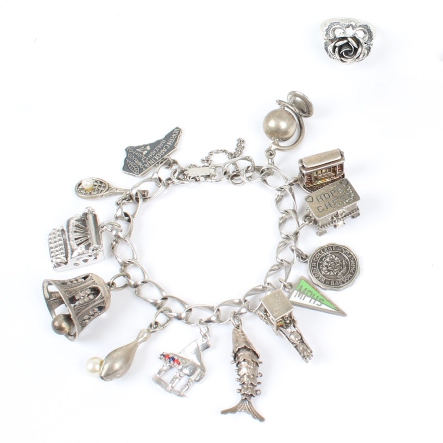 Sterling Silver Charm Bracelet and Flower Ring