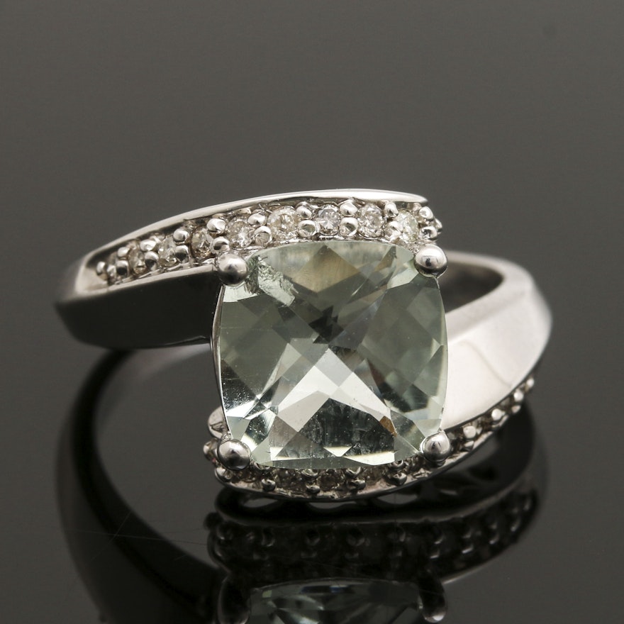 10K White Gold Praseolite and Diamond Bypass Ring