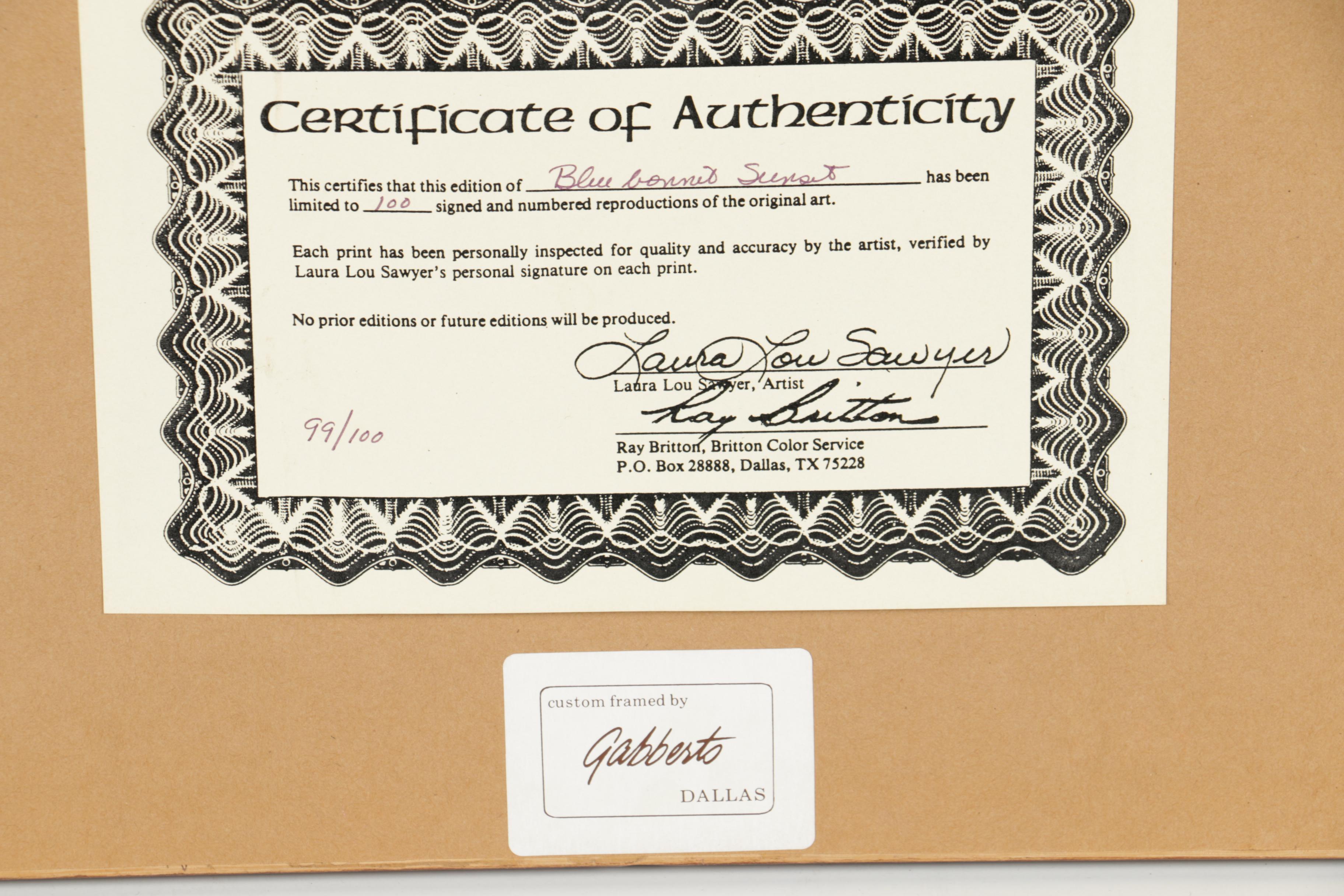 Laura Lou Sawyer Reproduction Prints Featuring "Blue bonnet Sunset"