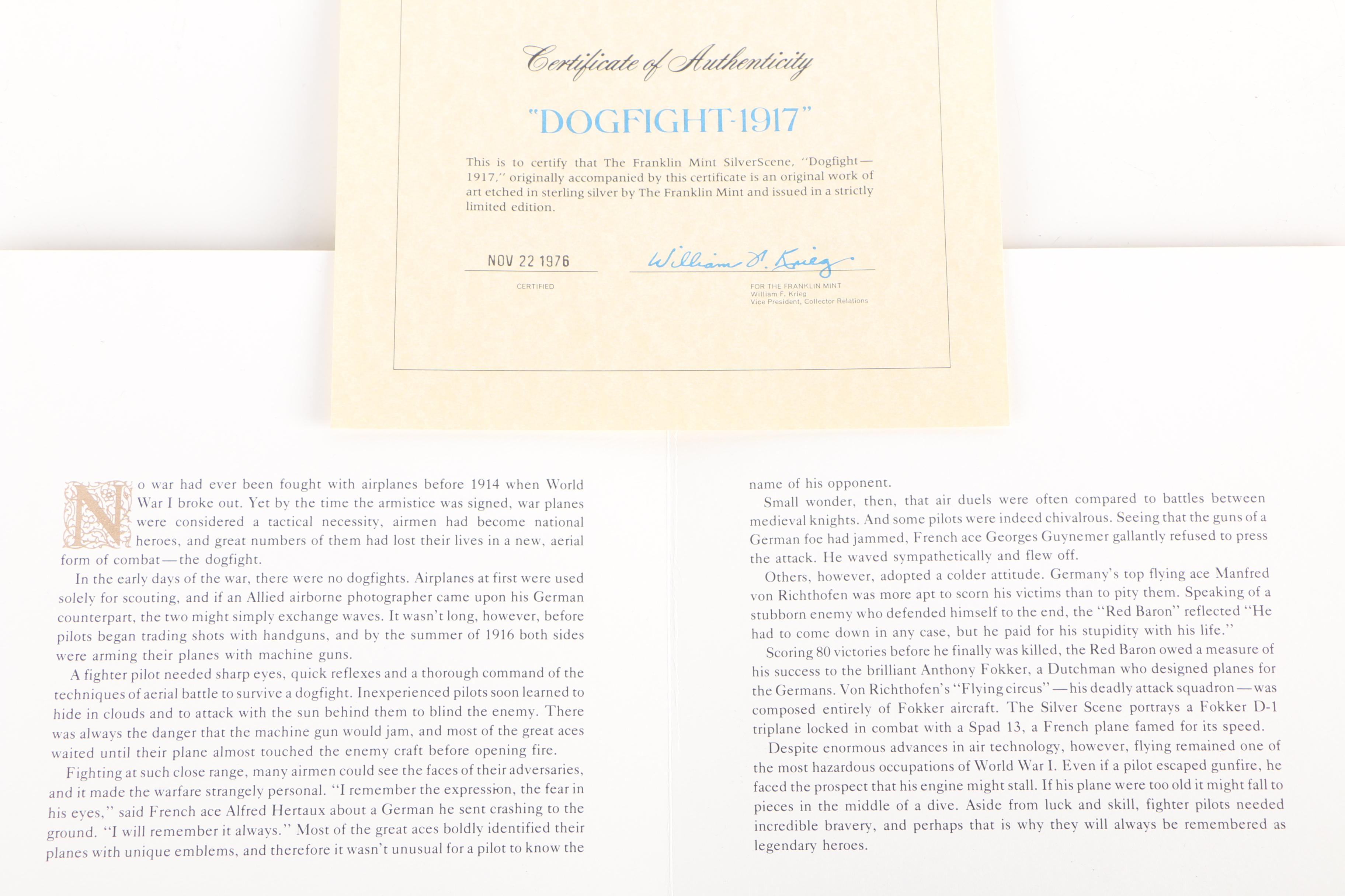 Franklin Mint Limited Edition Silverscene Print "Dogfight 1917"