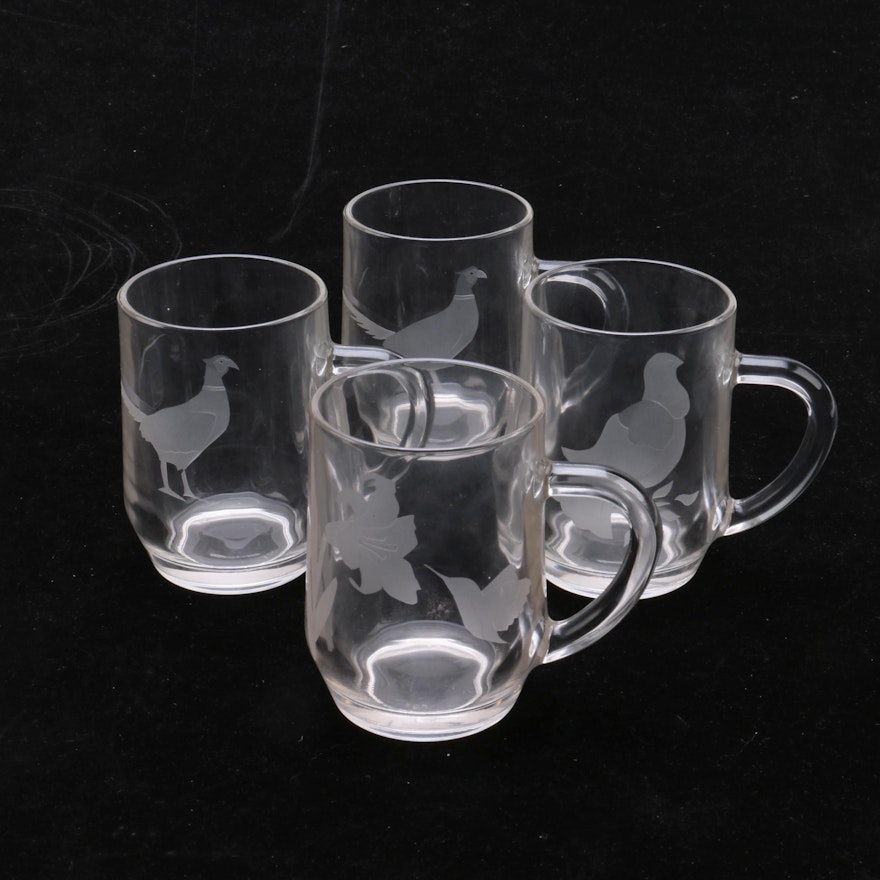 Bird and Flower Themed Etched Glass Mugs