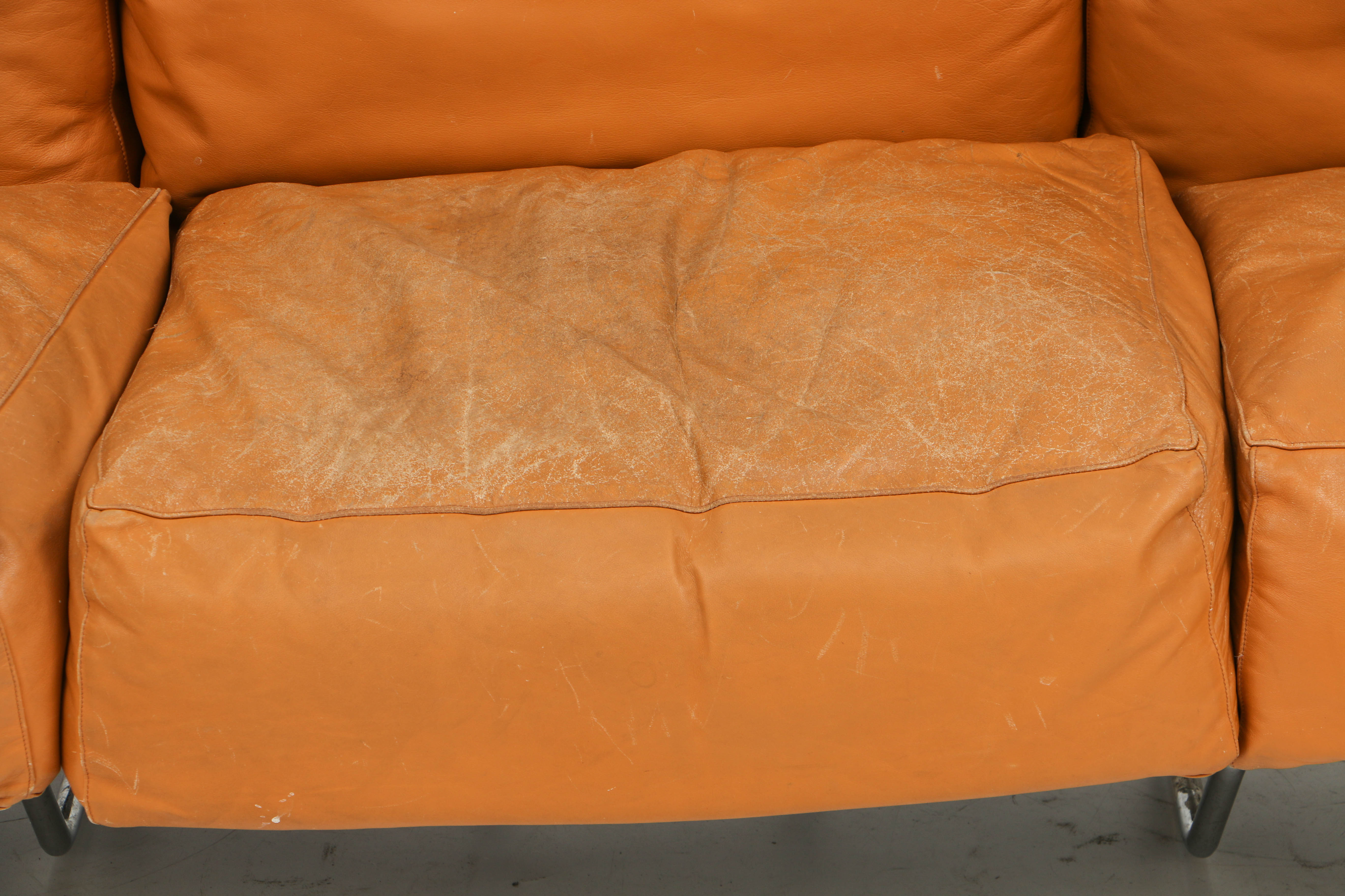 Le Corbusier Orange Leather and Chrome Sofa