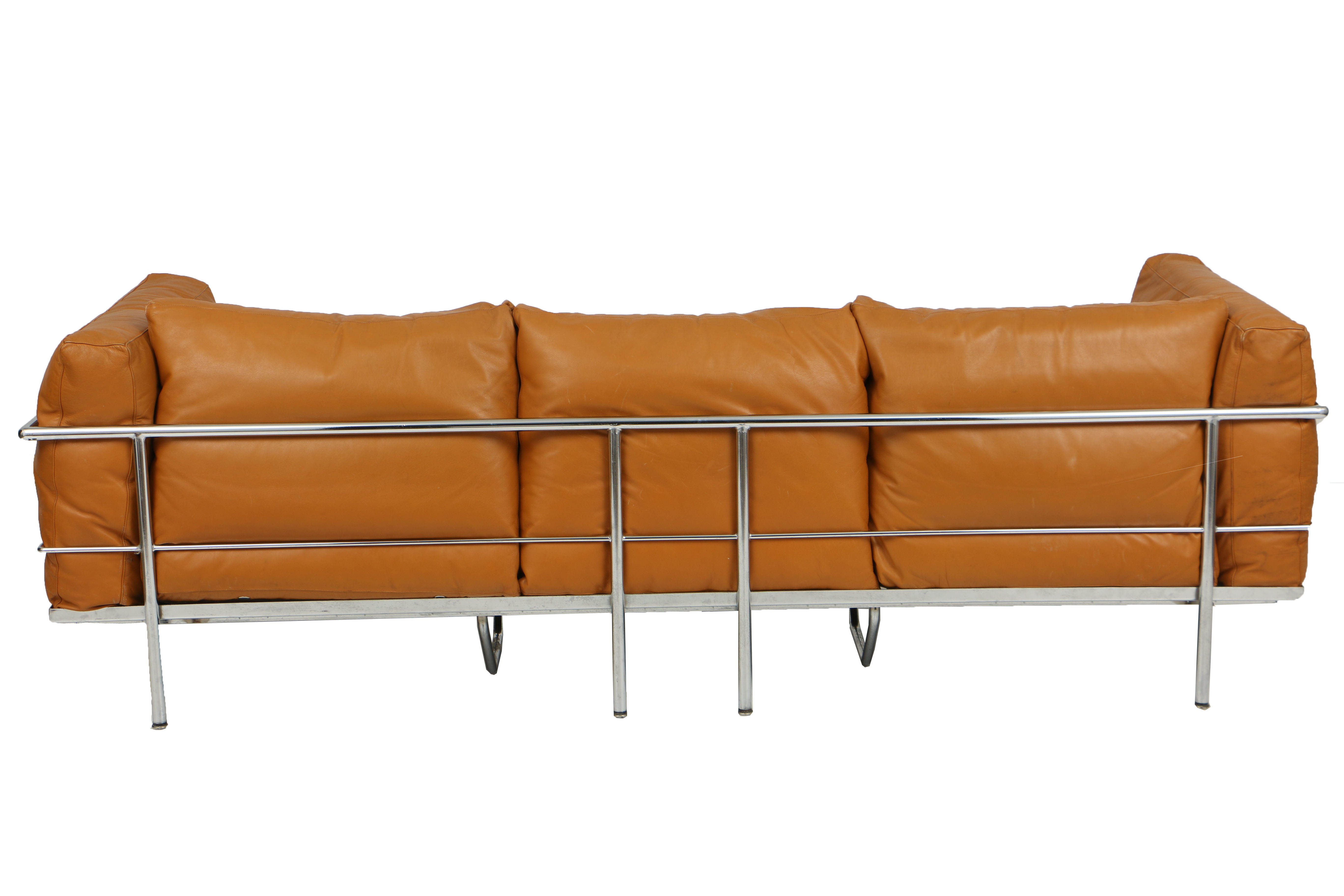 Le Corbusier Orange Leather and Chrome Sofa