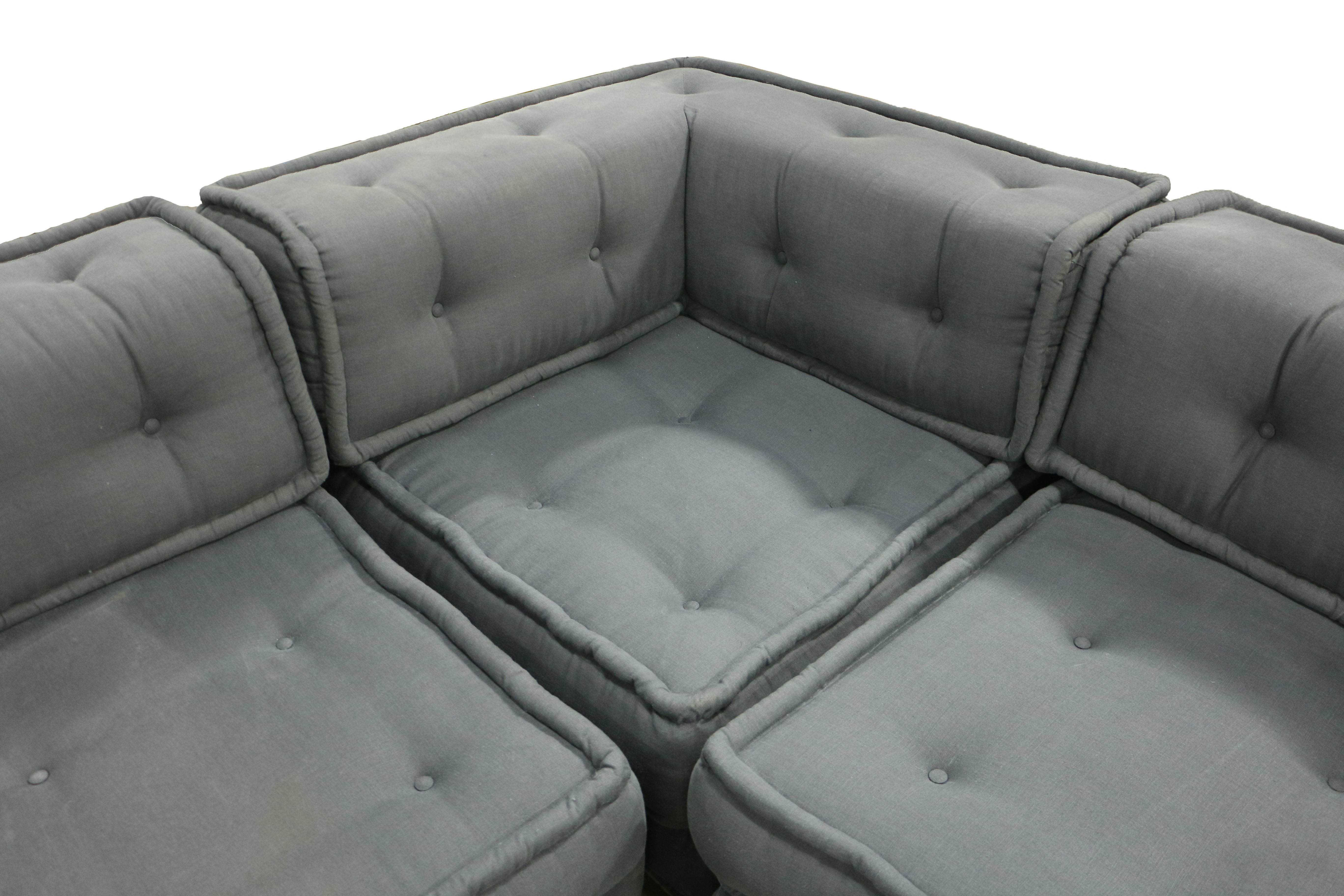 Modernist Style Four-Piece Sectional Sofa in Grey, Button-Tufted Upholstery
