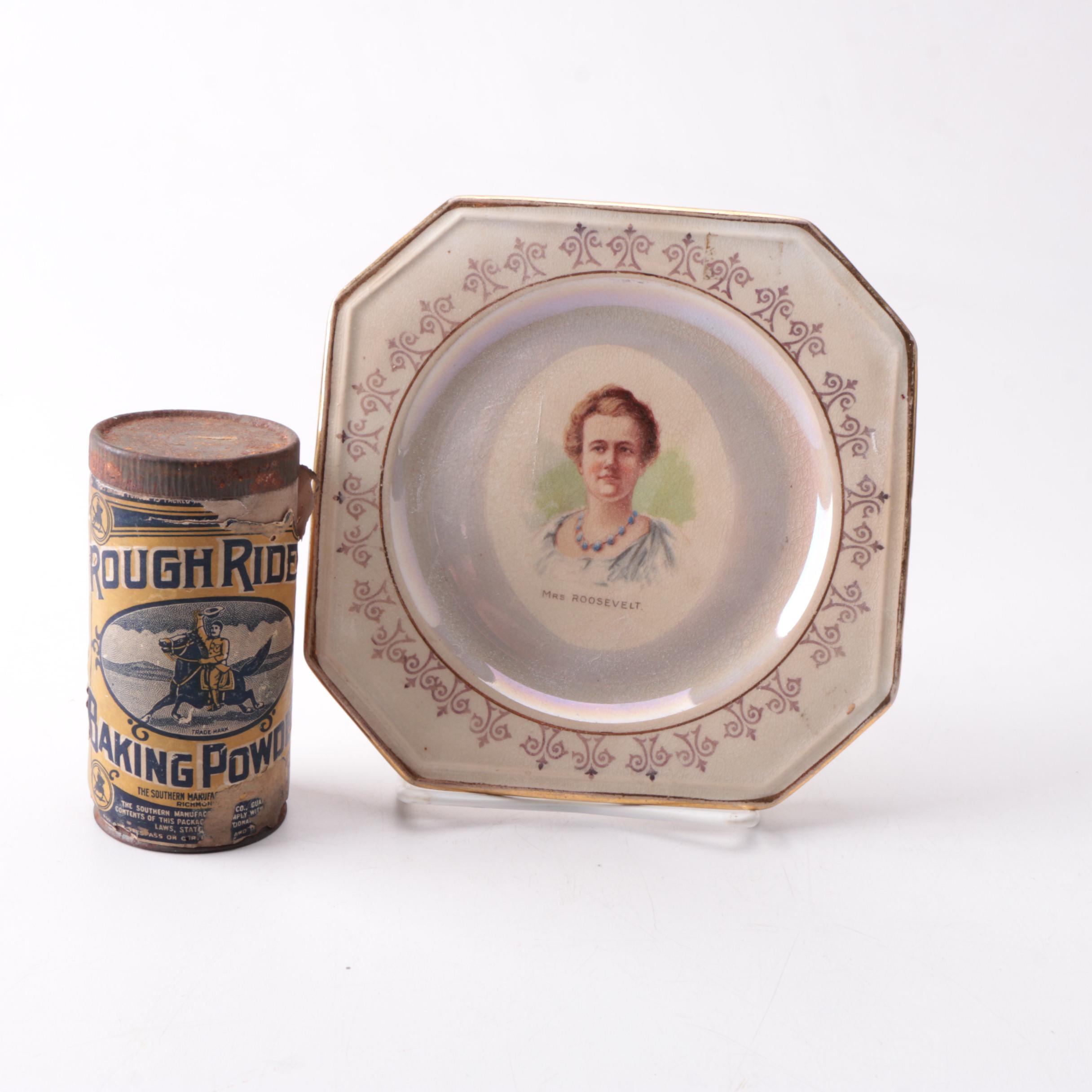 Teddy Roosevelt Themed Collectibles, Including Rough Riders Baking Powder Tin