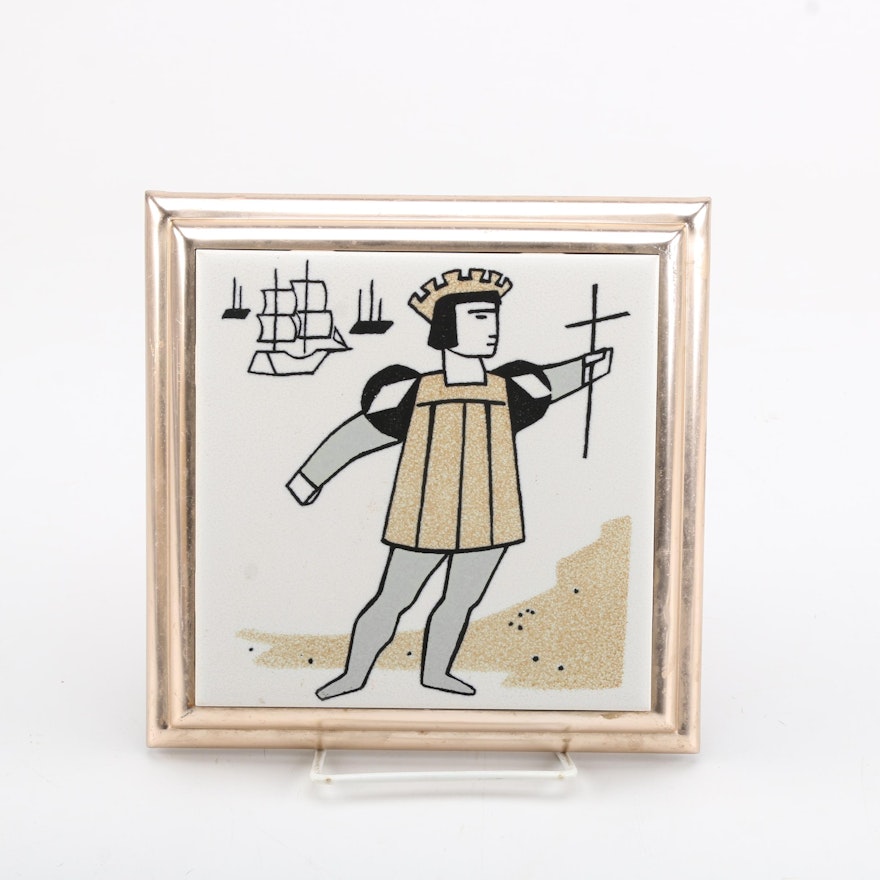 Christopher Columbus Motif Framed Ceramic Tile